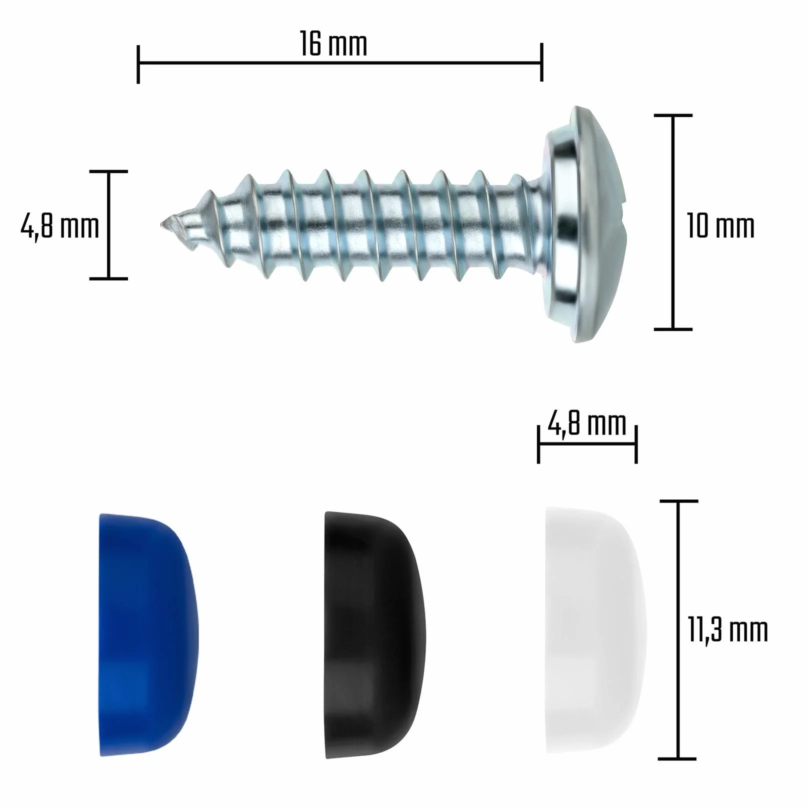 Zestaw 4 śrub do tablicy rejestracyjnej 4,8 x 16 mm z zaślepkami mocowanie