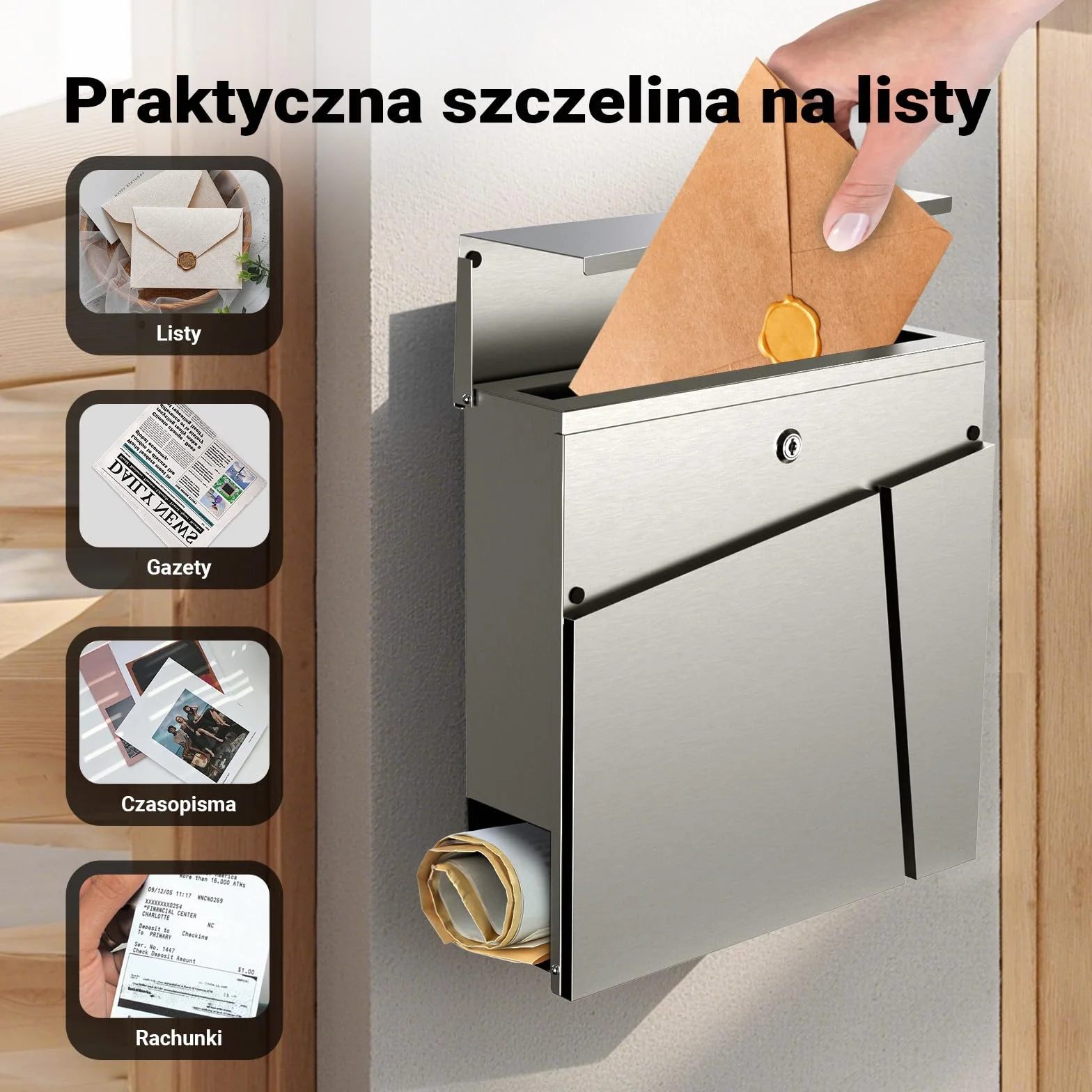Wiltec Skrzynka na listy stal nierdzewna V23 z ukrytym zamkiem, nowoczesna skrzynka pocztowa