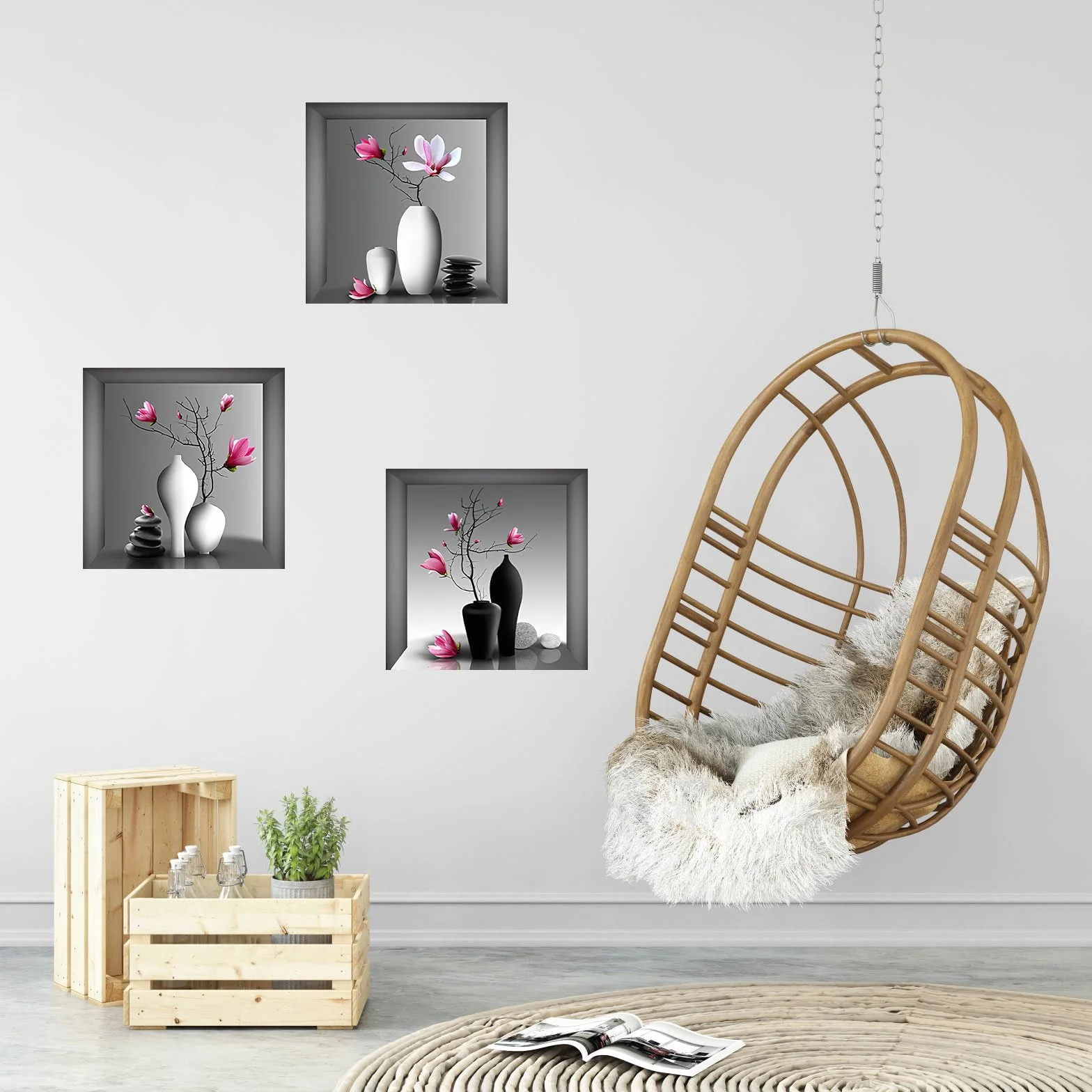 HENGBIRD Naklejka ścienna 3D wazon z kwiatami 30x30 cm 3 sztuki