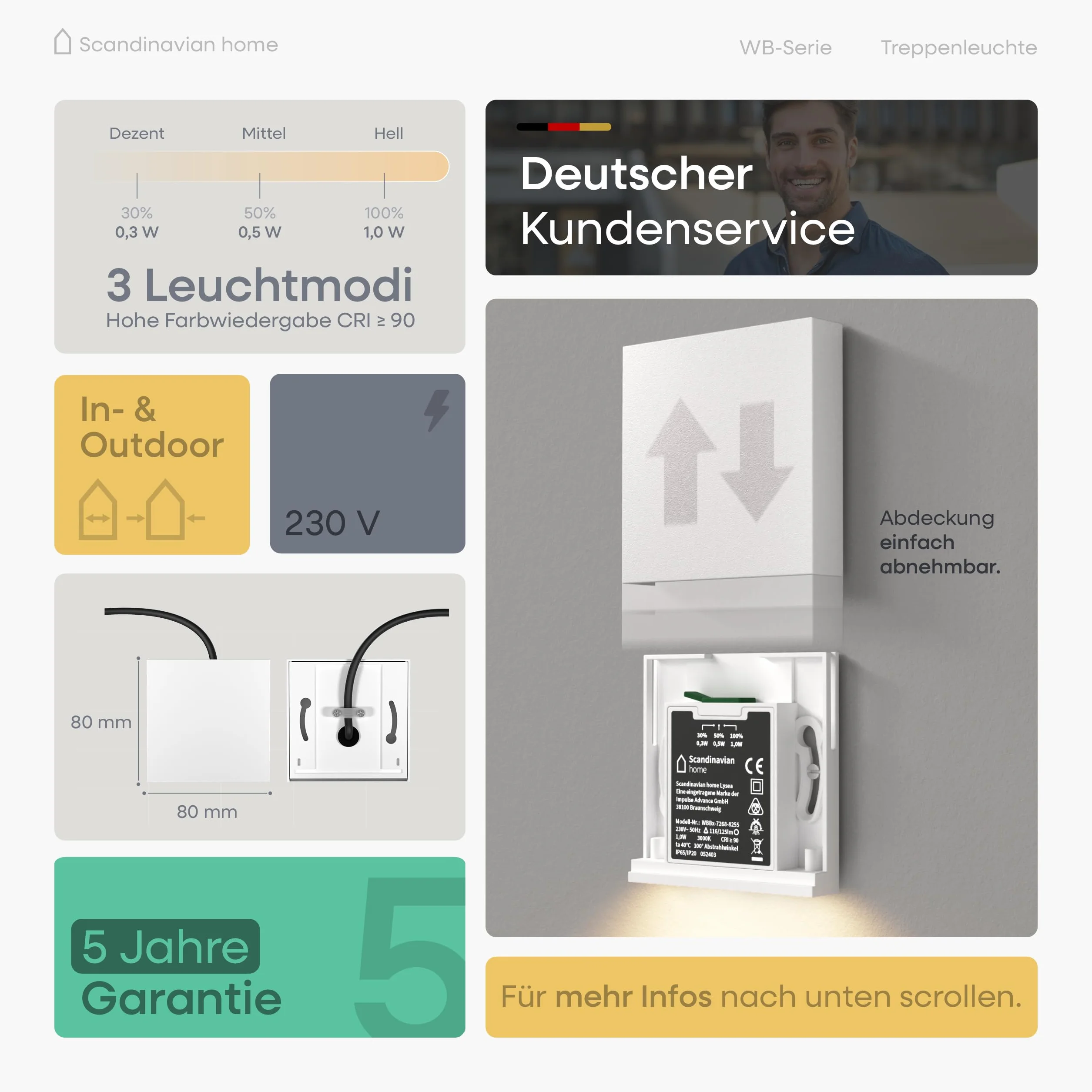 Scandinavian home Zestaw 6 lamp schodowych LED IP65 230V 1W ciepła biel 3000K 125lm oprawa wpuszczana