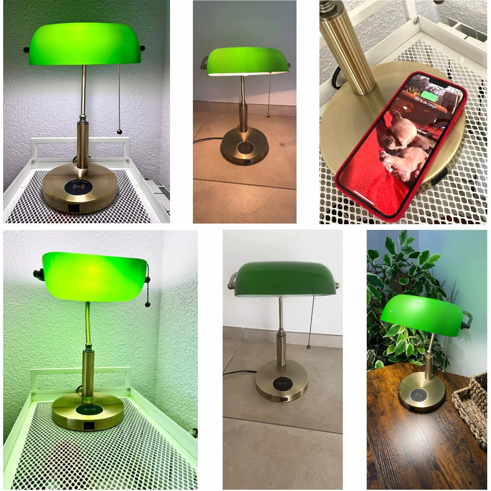 Lampa biurkowa vintage zielona z mosiężną podstawą ładowanie bezprzewodowe USB