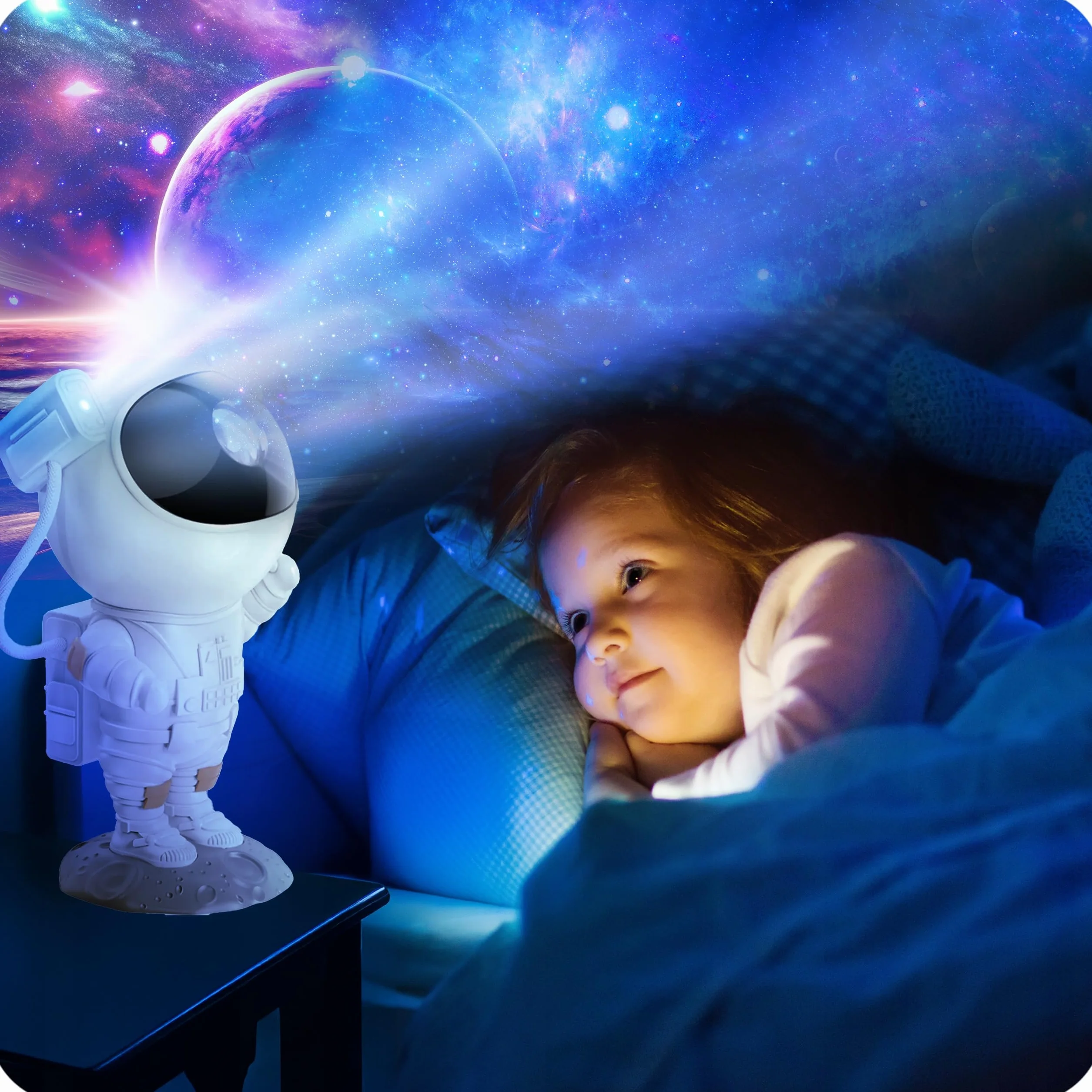 Projektor Gwiazd Astronauta Lampka Nocna LED z Pilotem, 8 Trybów, 360° Regulacja, Timer, Dekoracja Pokoju