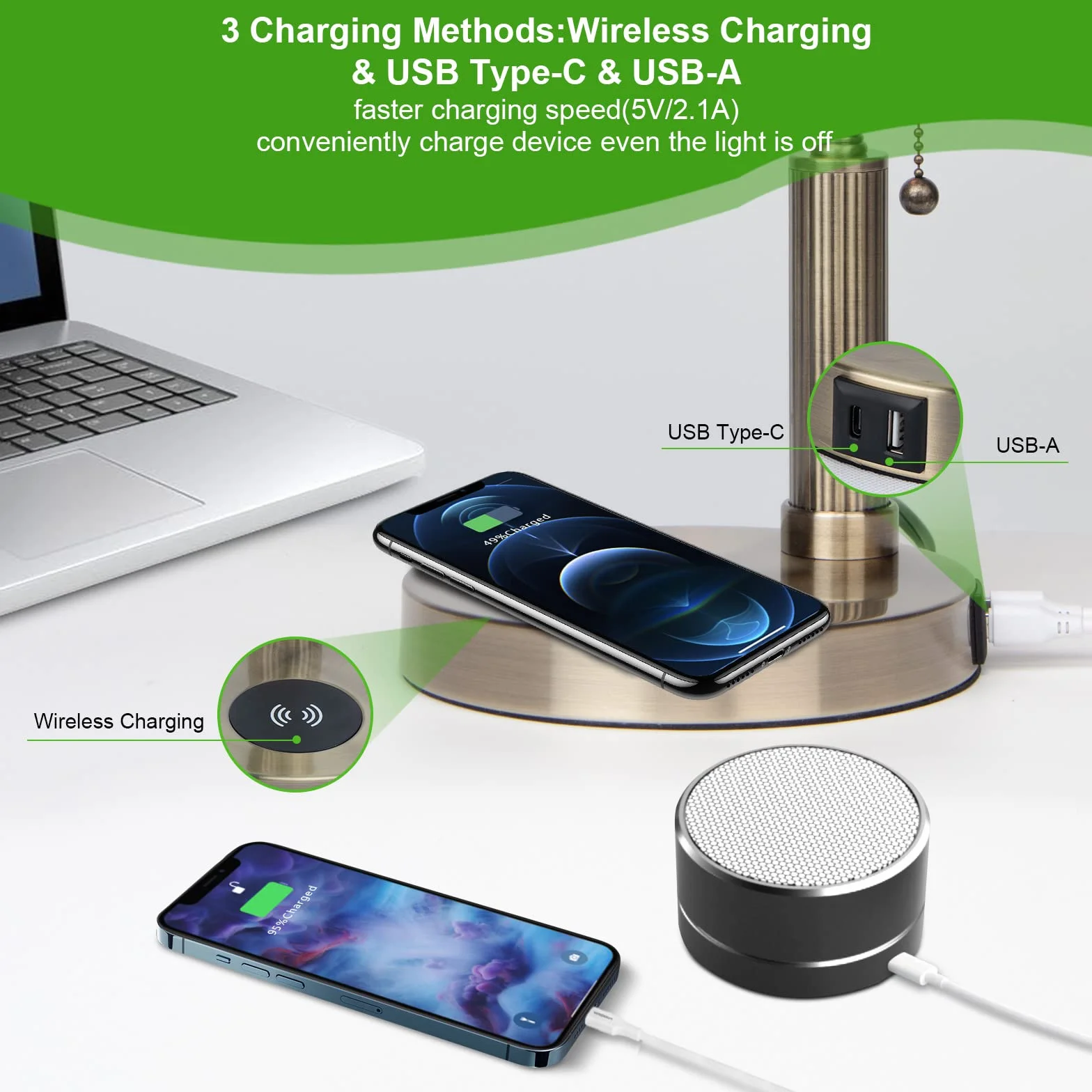 Lampa biurkowa vintage zielona z mosiężną podstawą ładowanie bezprzewodowe USB