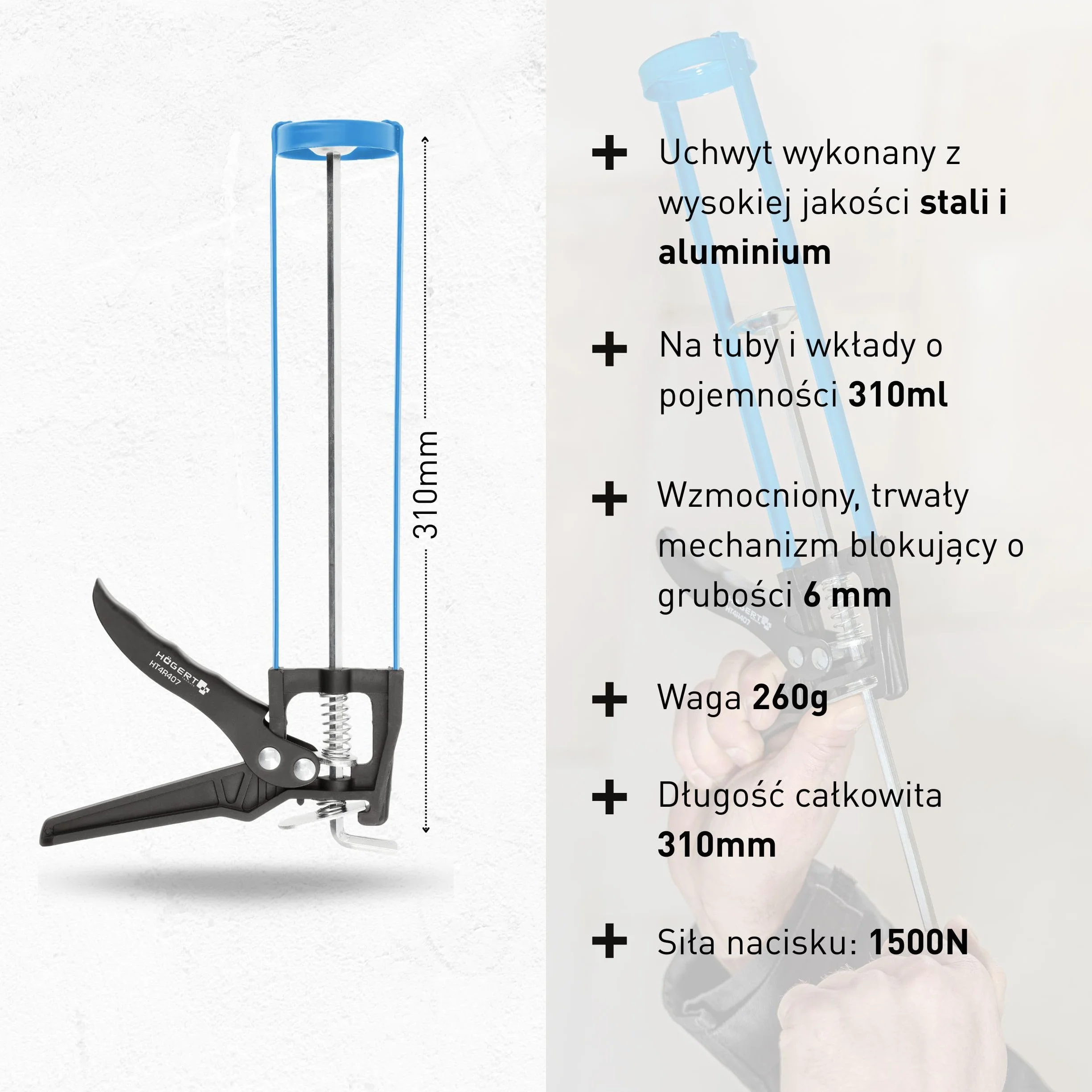 HÖGERT TECHNIK Pistolet do wyciskania nabojów 310 ml, prasa do wkładu silikonowego, akrylu i uszczelniaczy