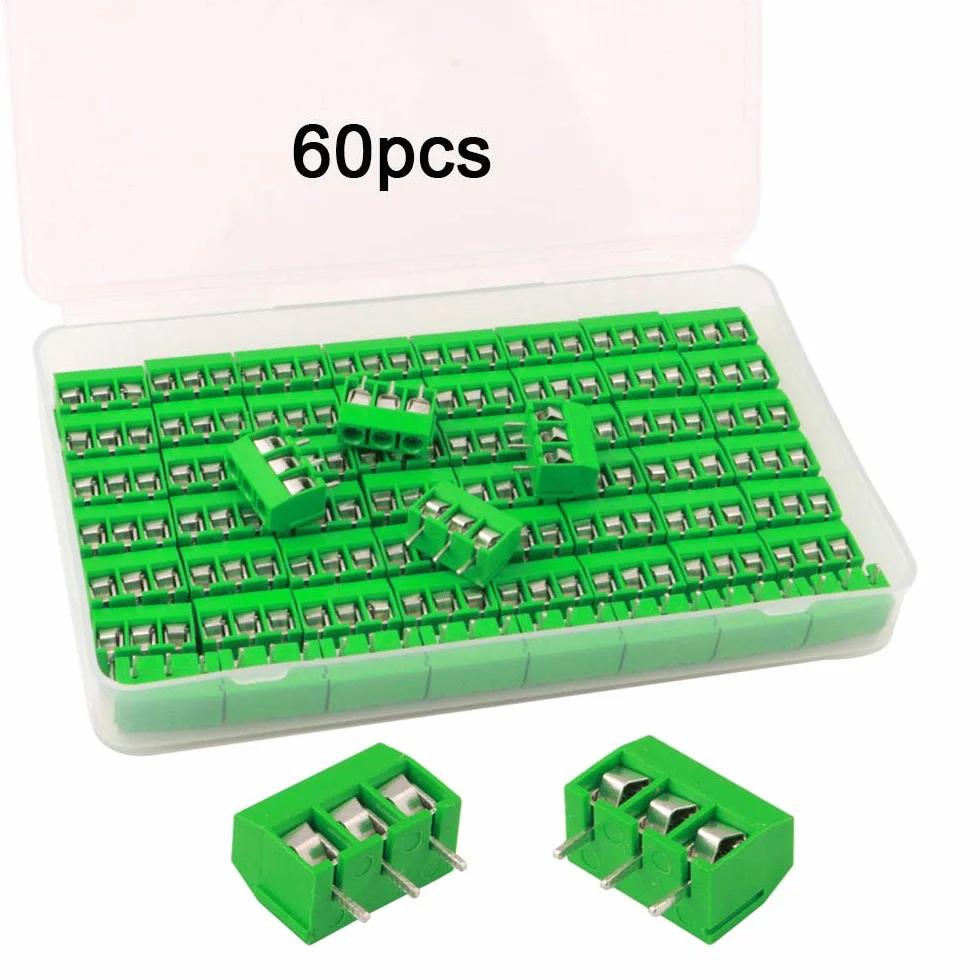 Zestaw 60 sztuk 3-pinowych złączy śrubowych PCB 5,08 mm zielony 10A 300V