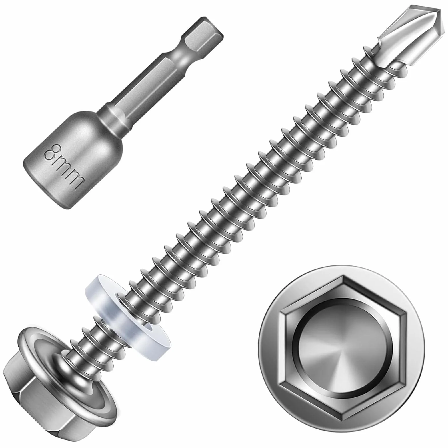Wkręty samogwintujące 6,3 x 75 mm ze stali nierdzewnej, łeb sześciokątny, z podkładką uszczelniającą