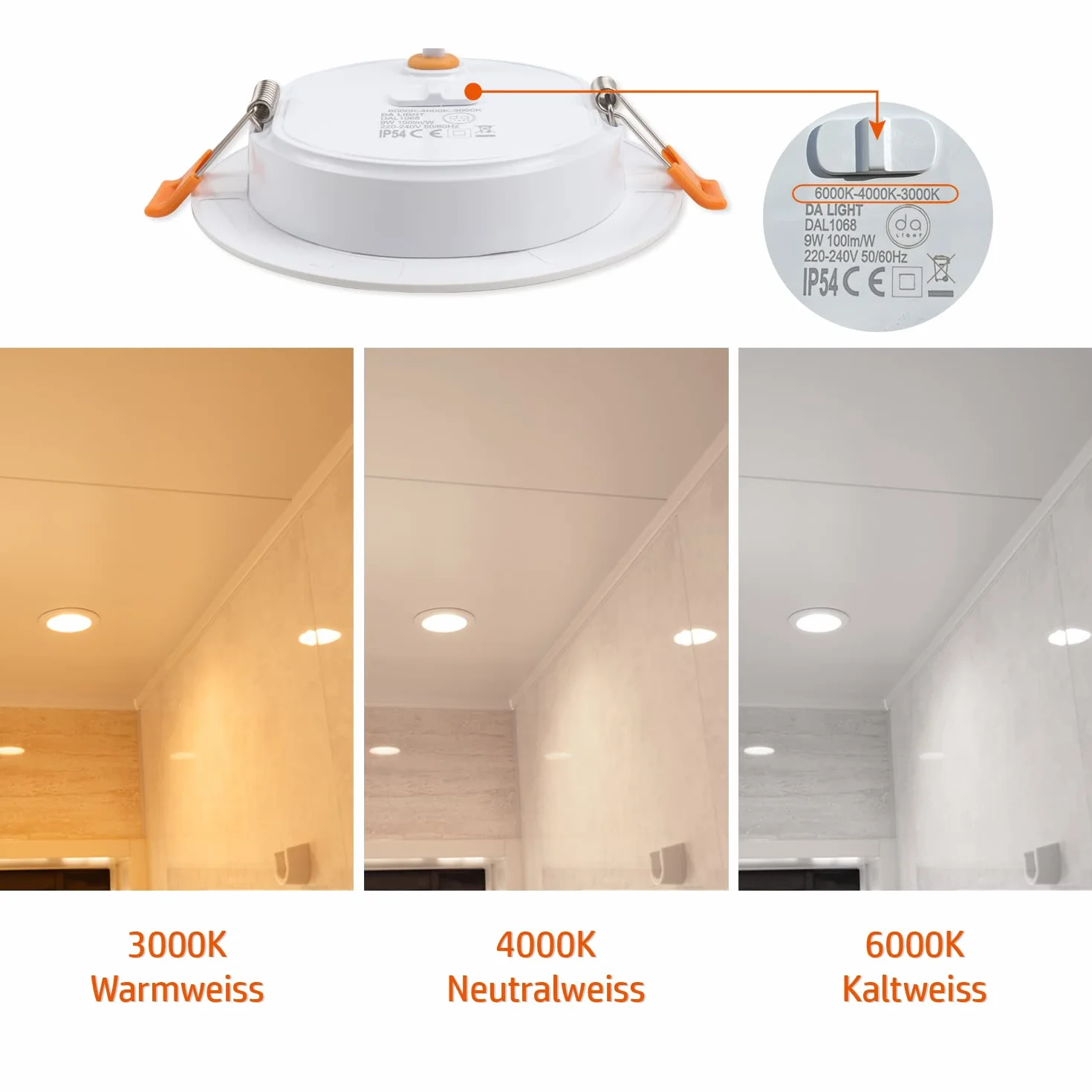 DA LIGHT Wbudowane reflektory LED 230V 9W zestaw 6 sztuk oświetlenie sufitowe IP54 3000/4000/6000K biały