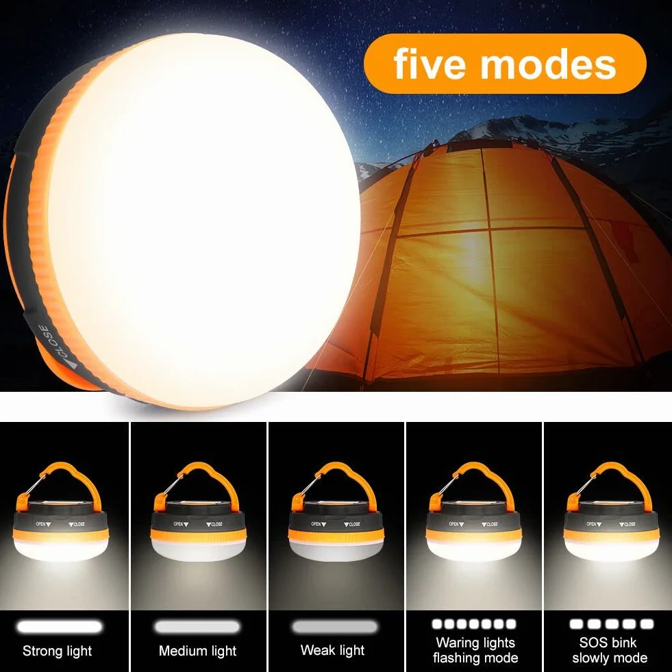 Flintronic Lampa kempingowa, 5 trybów, przenośna lampa kempingowa SOS Led, z haczykiem, wodoodporna IP43, na zewnątrz, wędrówki, wędkarstwo, przerwy w zasilaniu (1 szt., baterie nie są dołączone)