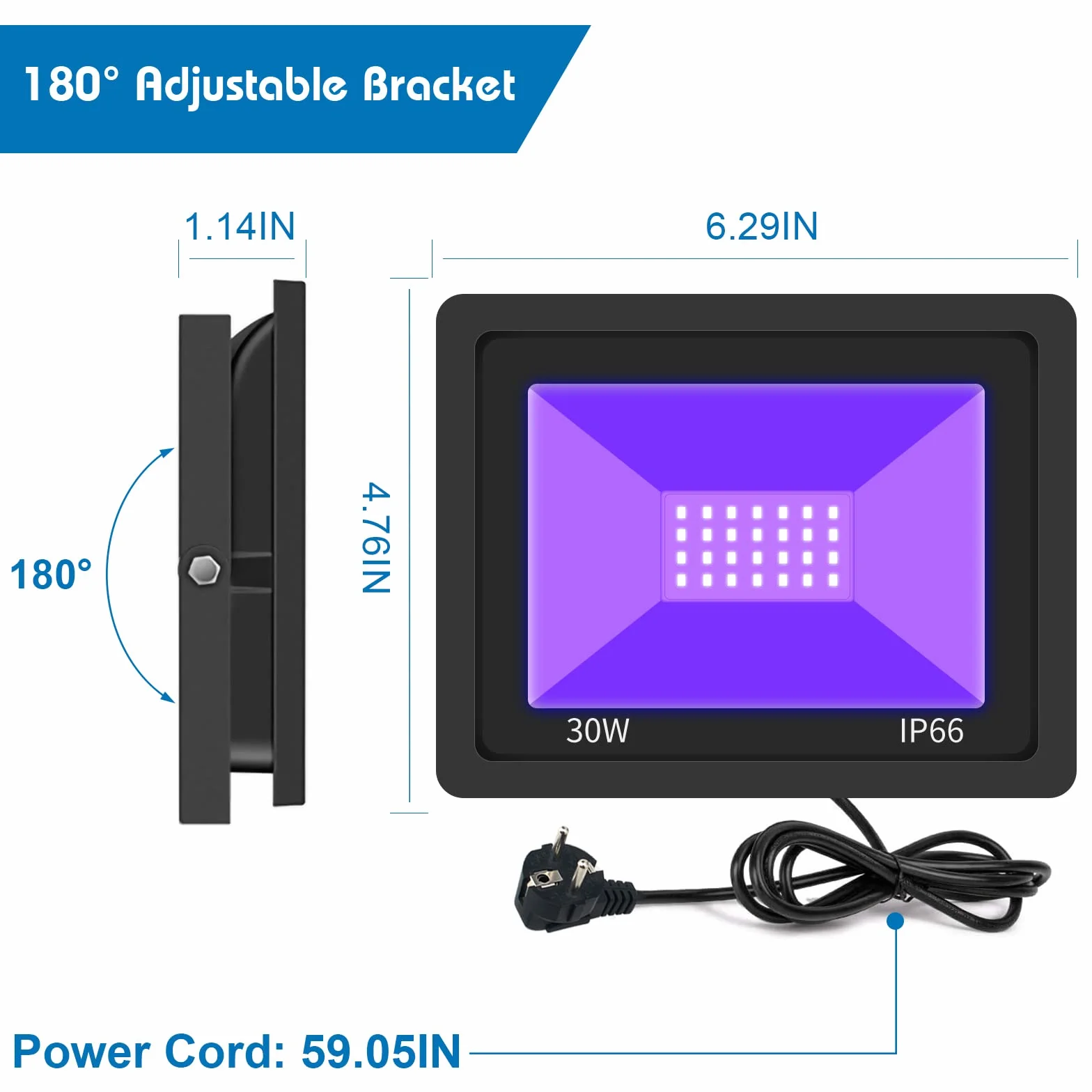 Reflektor LED UV 30 W 395 nm IP66 wodoszczelny czarne światło
