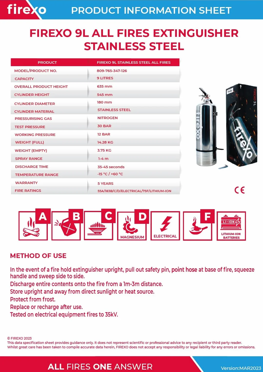Firexo Gaśnica (9 Liter) — Gaśnica Do Domu, Pracy, Magazynu, Restauracji, Biura, Kuchni i Kempingu — Gaśnica Do Wszystkich Klas Pożarowych, w Tym Do Pożarów Baterii Litowych