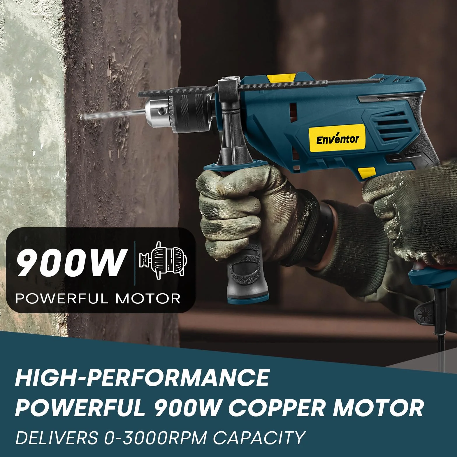 ENVENTOR Wiertarka udarowa 900 W, elektryczna wiertarka z 36 akcesoriami, 0-3000 obr./min, uchwyt 13 mm, do betonu, metalu i drewna