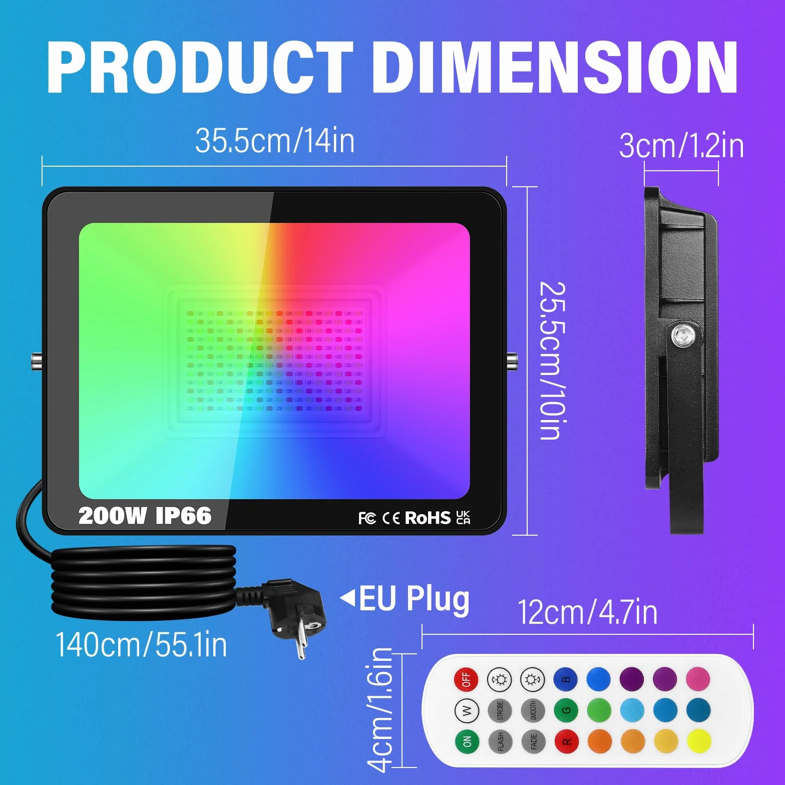 RIGIDON Zewnętrzny reflektor LED RGB 200 W 20000 LM IP66