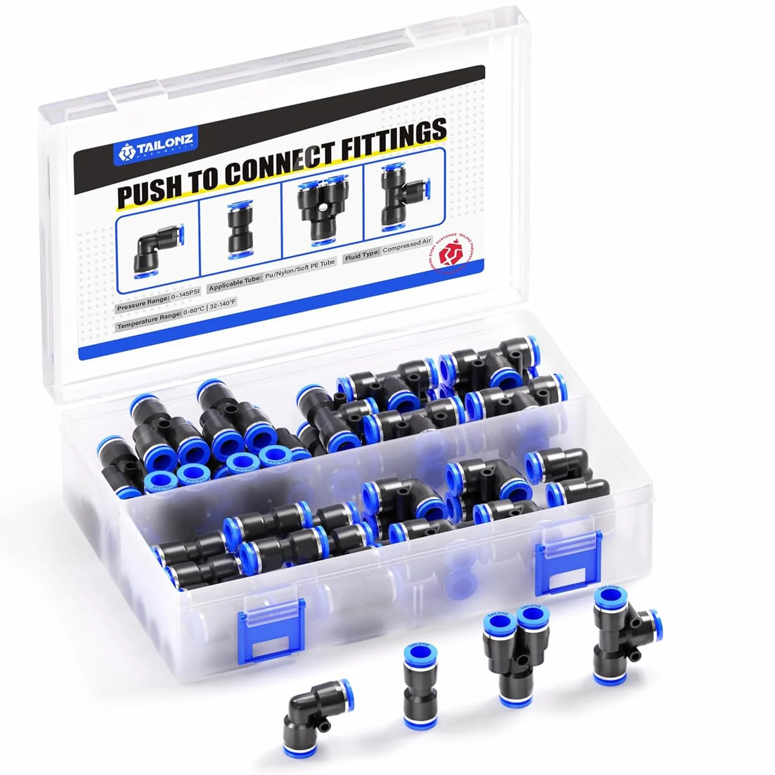 TAILONZ PNEUMATIC Zestaw złączek pneumatycznych 8 mm OD Push to Connect 40 szt.