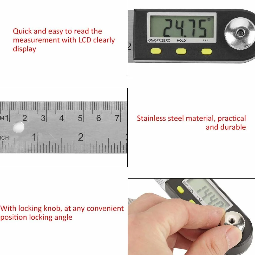 Kątomierz cyfrowy 2 w 1 0-300mm 360° Stal nierdzewna Elektroniczny kątomierz Goniometr Linijka pomiarowa Ekran LCD