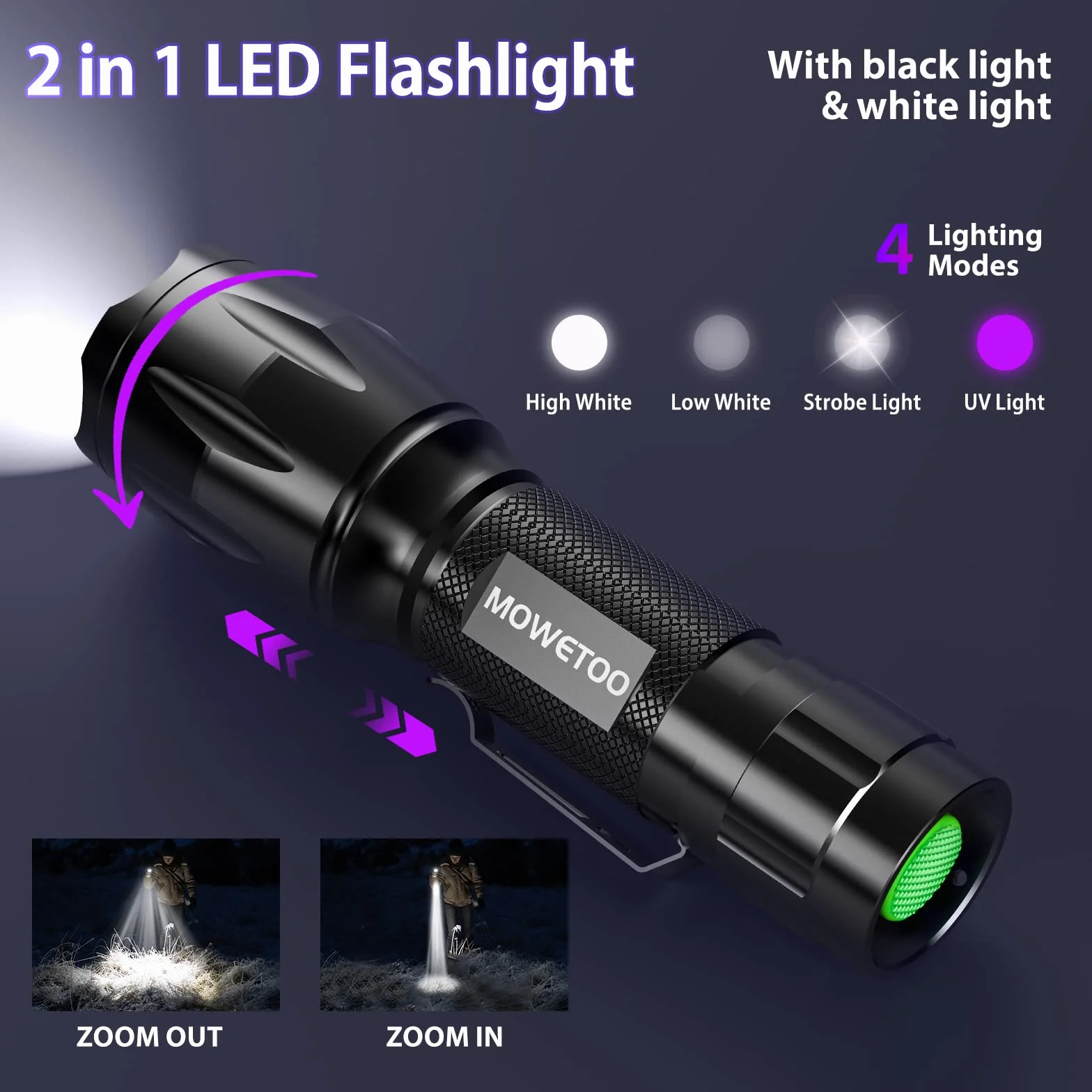 MOWETOO Latarka, lampa UV 2 w 1, lampa UV, latarka LED, 395 nm, 4 tryby, detektor banknotów, moczu psów i innych zwierząt domowych, 40 W
