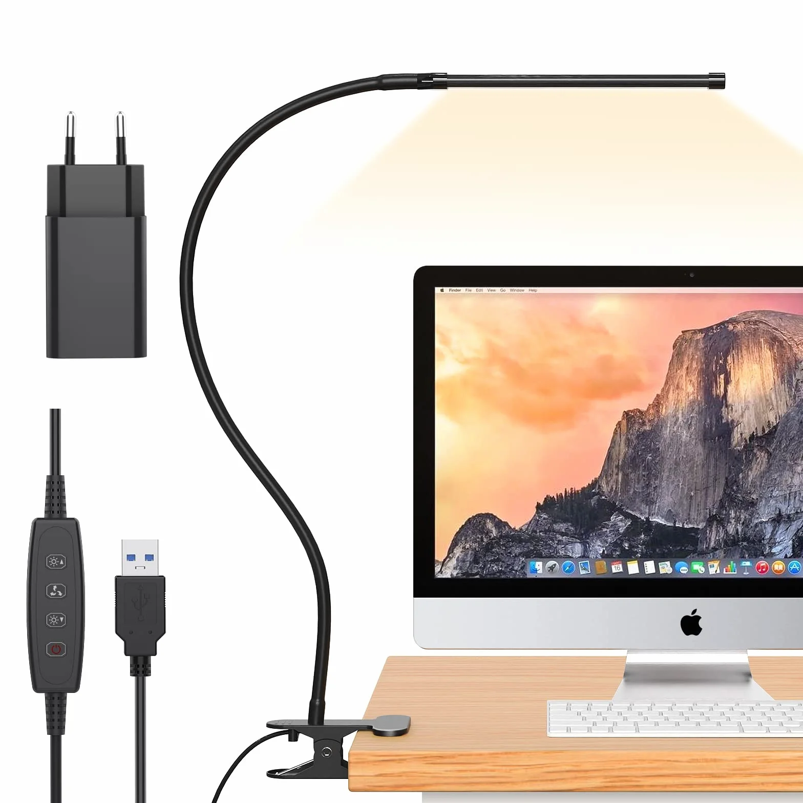 iZELL 77 LED Lampa biurkowa 70 cm z zaciskiem, 3 kolory, 10 poziomów jasności, 360° elastyczna, USB