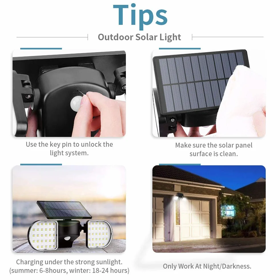 OUSFOT Zewnętrzne Solarne Lampy Ogrodowe 2200 mAh IP65 Zewnętrzne Lampy Ścienne z Czujnikiem Ruchu 360° Regulowany Zewnętrzne Światła
