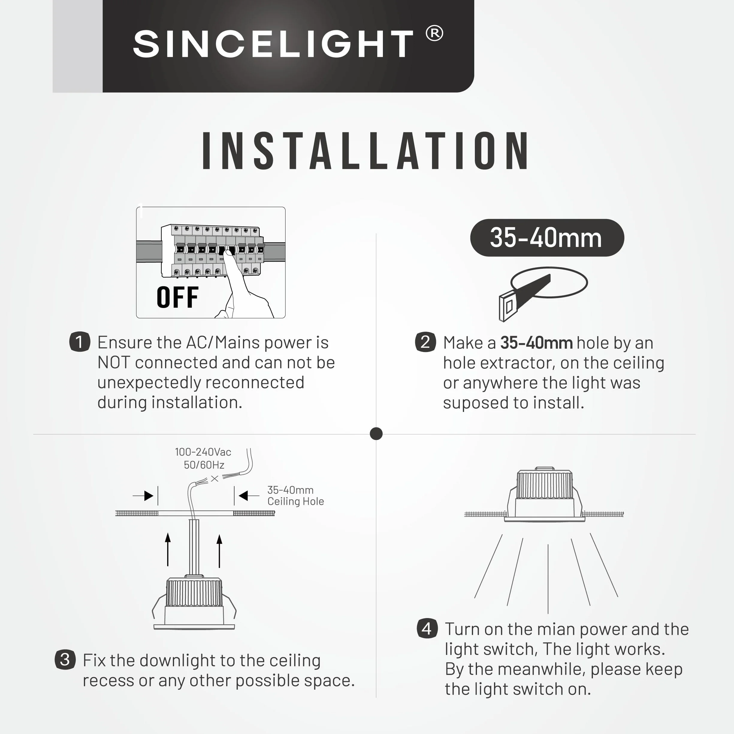 SINCELIGHT MINI Reflektory Sufitowe LED, 3W Mały Downlight do otworów 35-40mm w Sufitu/Szafki/Gabloty, Wymienny Pierścień Biały/Czarny, Wodoodporność IP65, RA≈92, Neutralny Biały 4000K, 5 Szt.