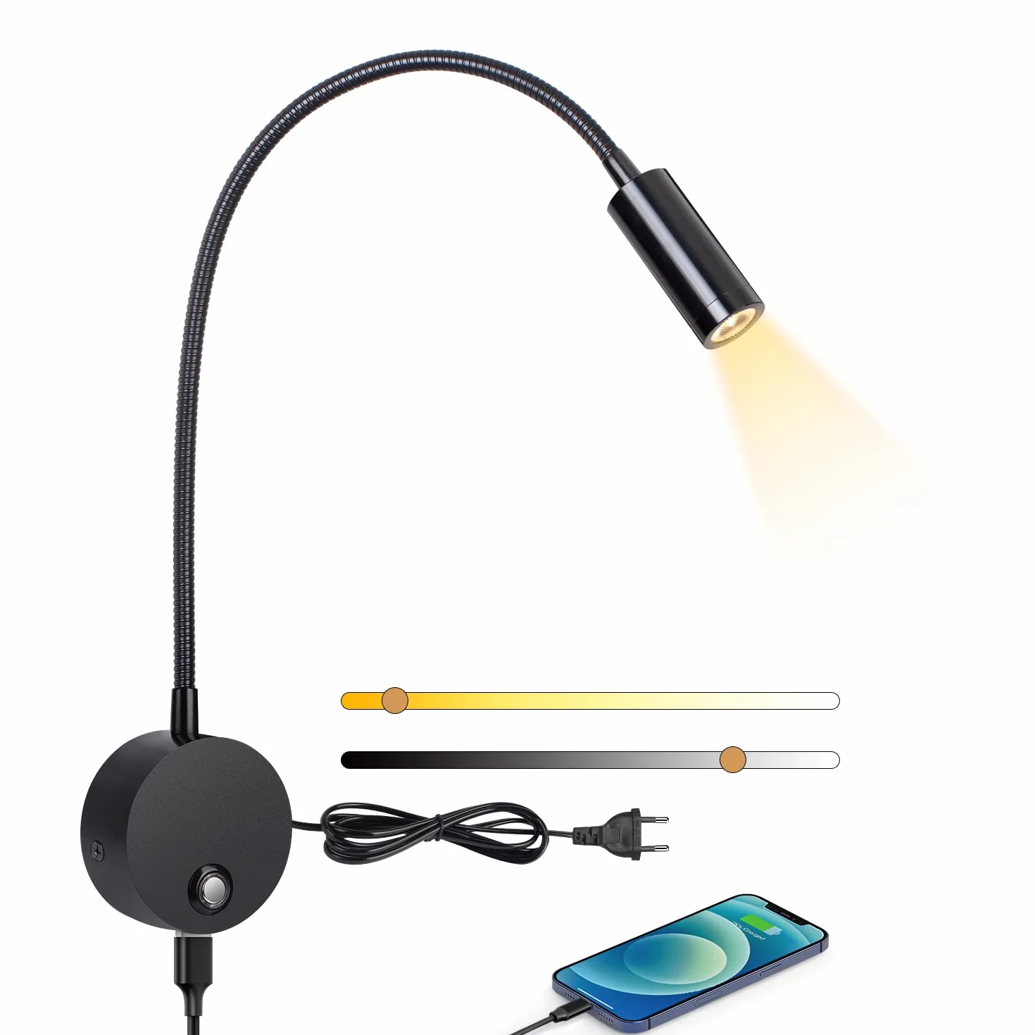 ERWEY Lampa ścienna LED z przełącznikiem dotykowym, ściemniana, USB, 360°, czarny