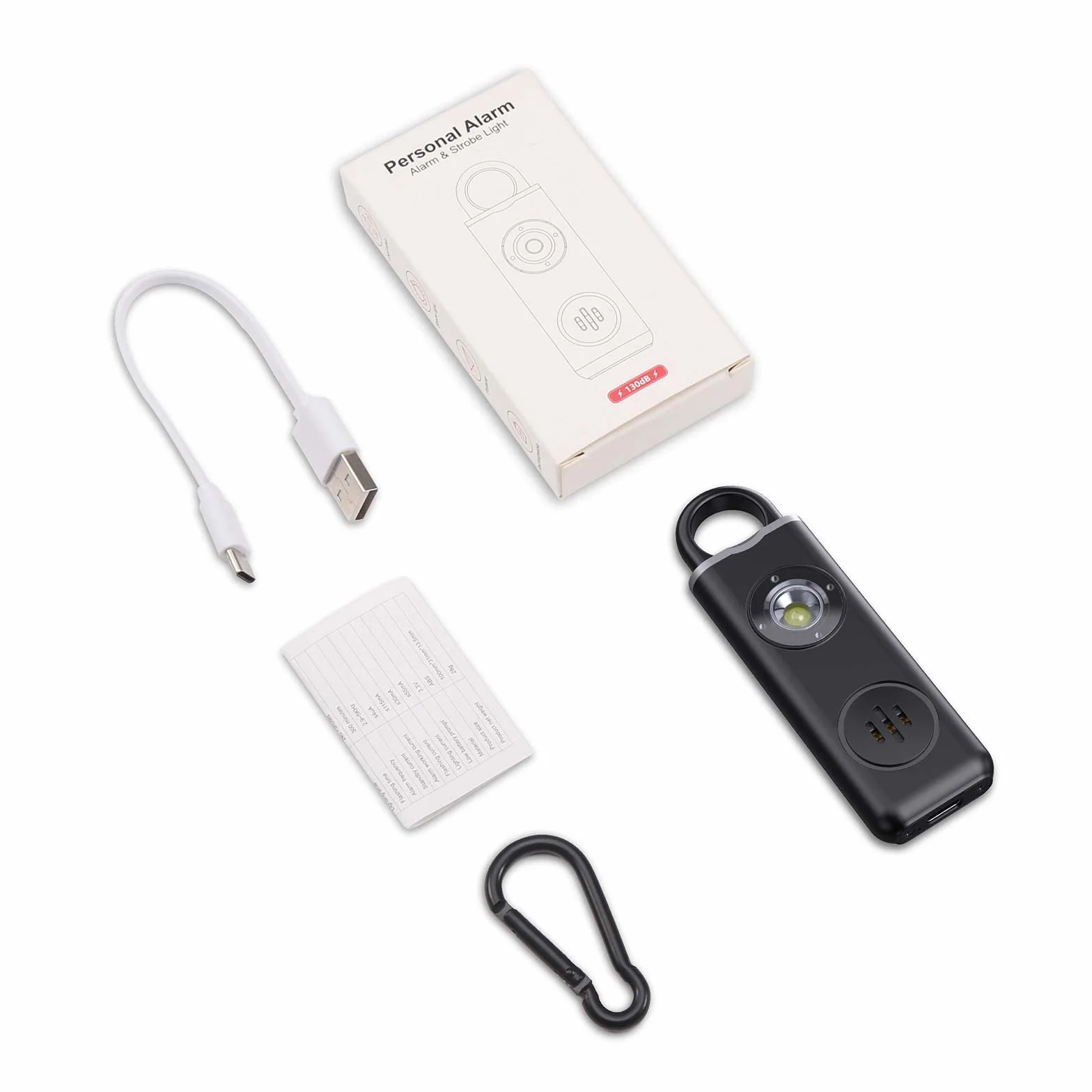OQIMAX Ładowalny alarm bezpieczeństwa kluczyk z lampą LED Strobe, 130dB głośny alarm osobisty SOS dla kobiet, studentów, dzieci