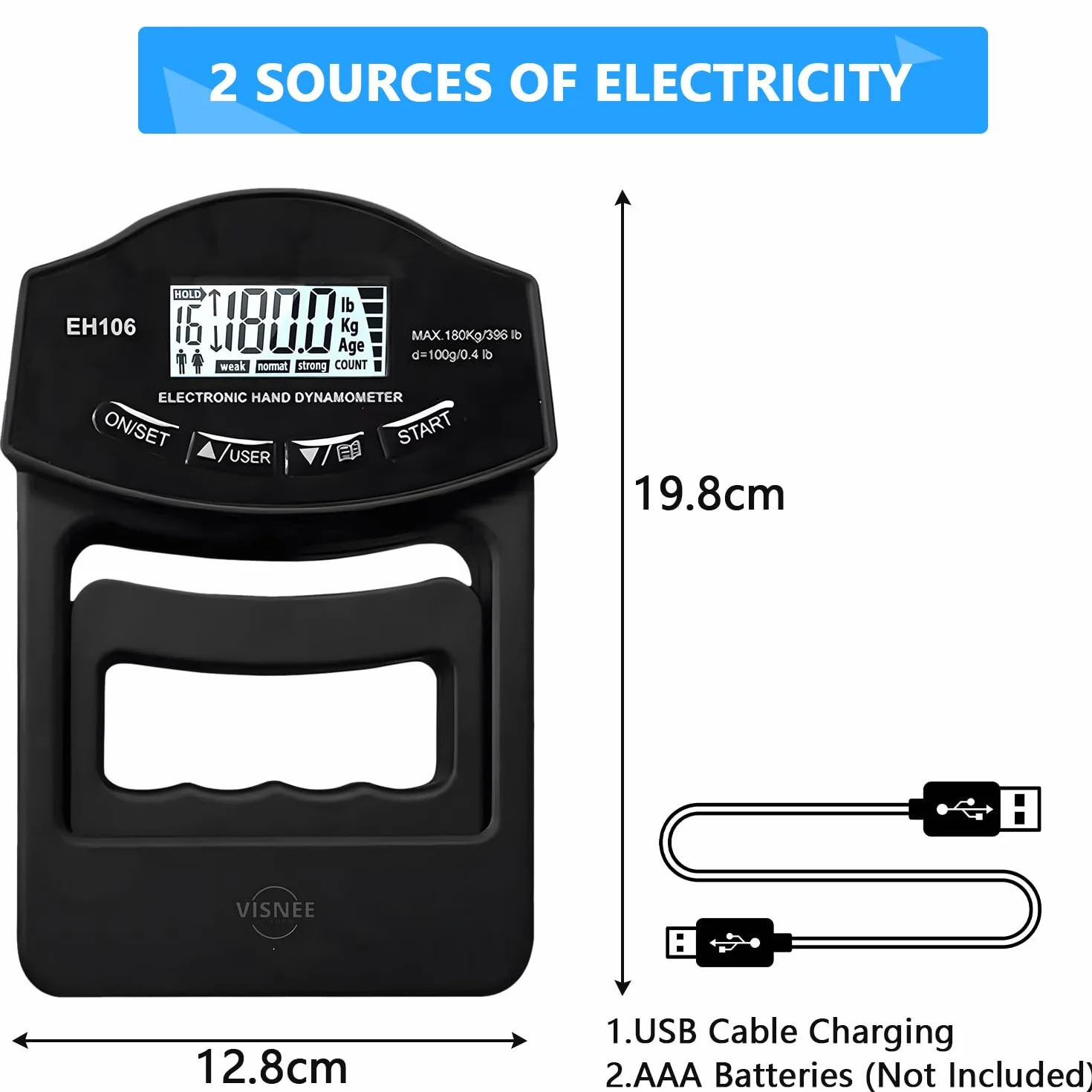 Cyfrowy miernik siły ręcznej 180 kg, dynamometr ręczny z dużym ekranem LED, USB