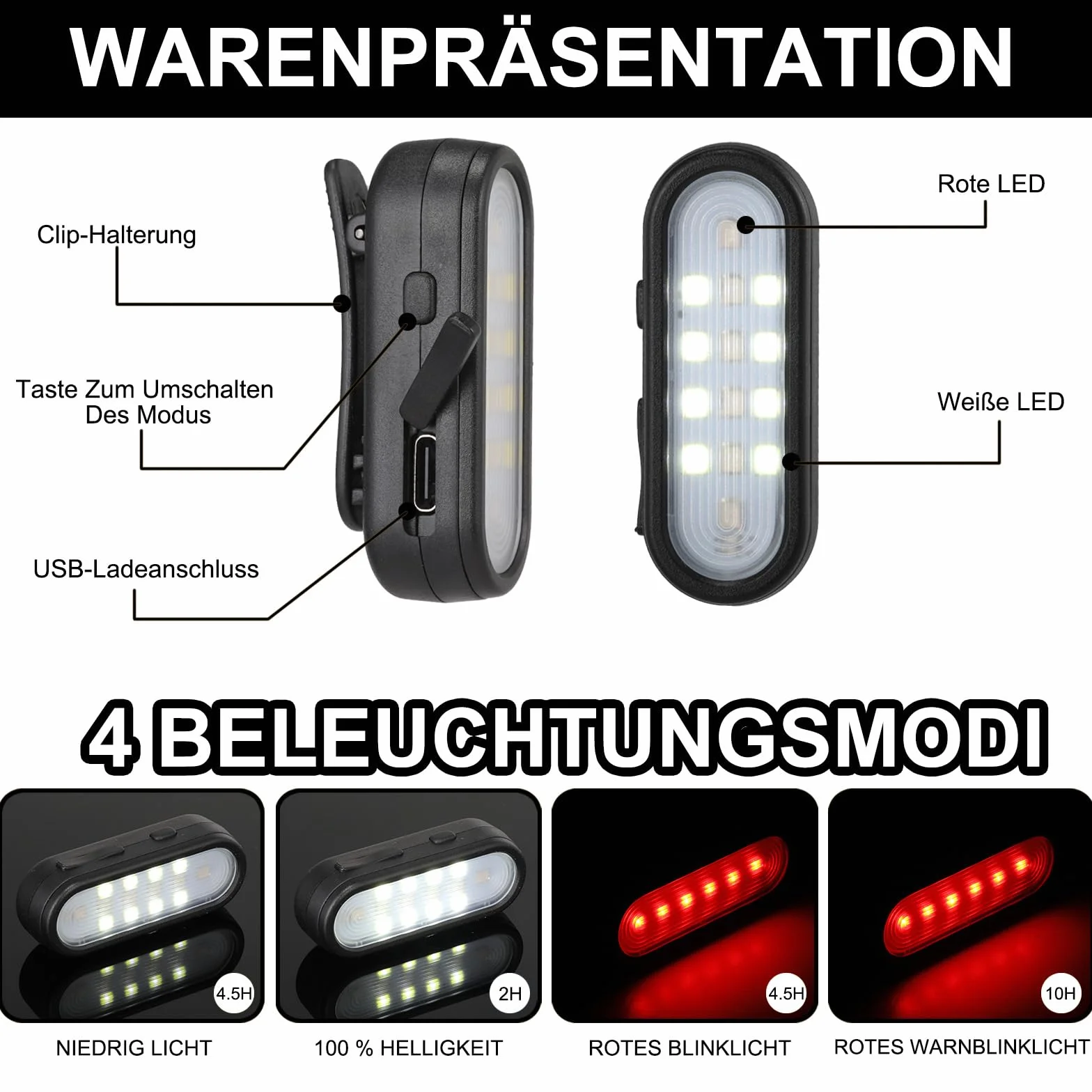 Lampka LED z klipsem migające światło 2 efekty do biegania ładowana USB