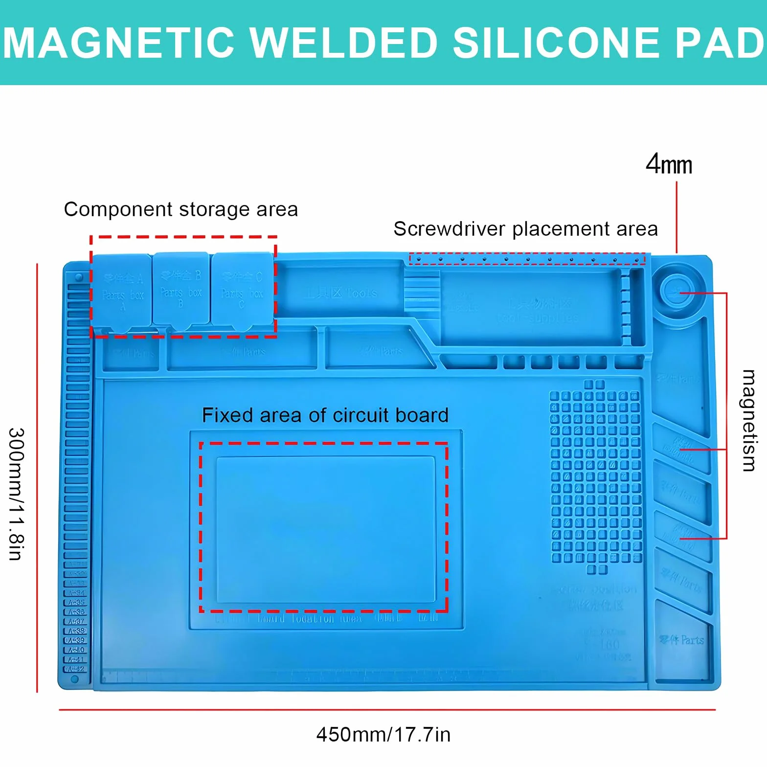 Magnetyczna mata lutownicza silikonowa antystatyczna ESD 45x30 cm odporna do 500°C ze skalą
