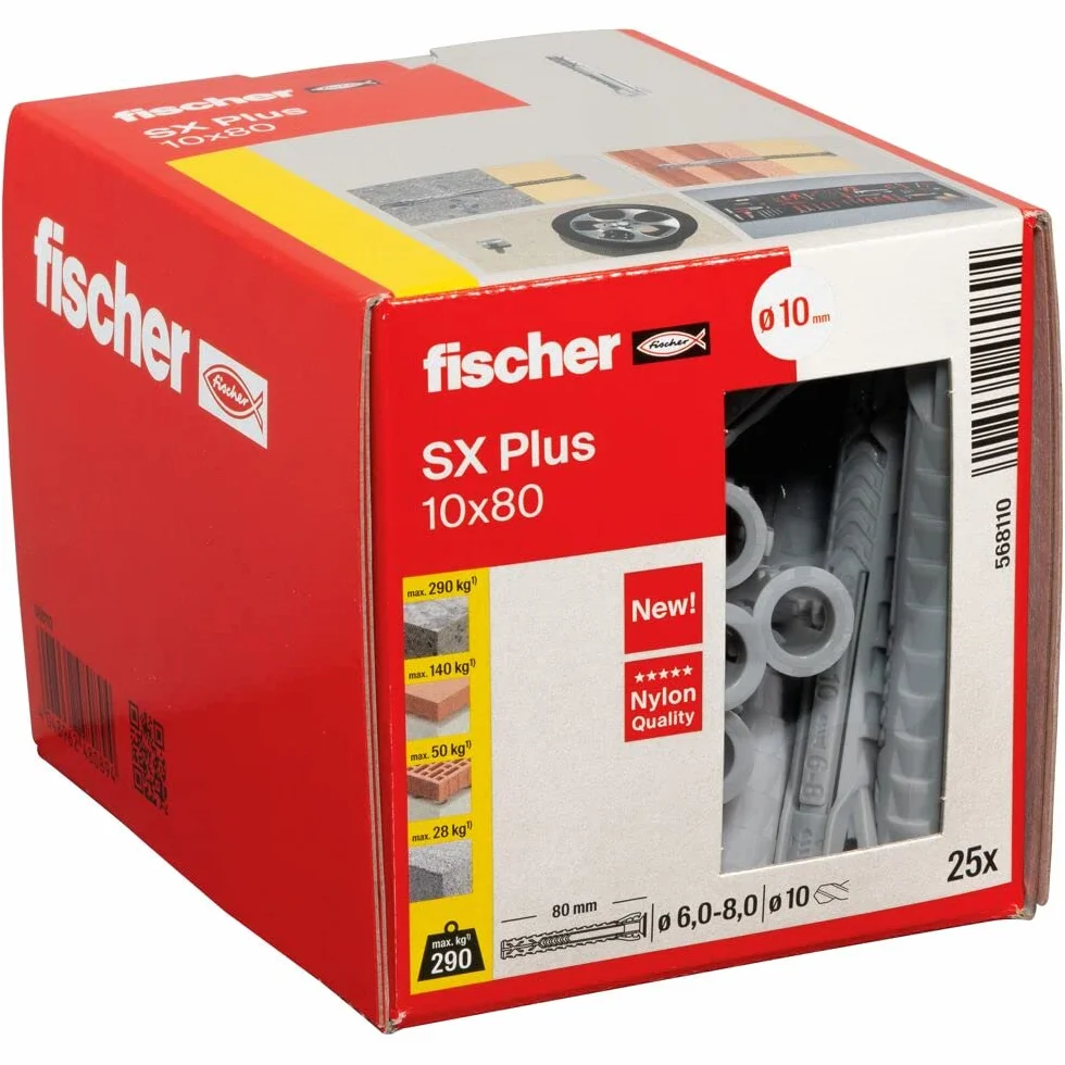 Fischer Kołek rozporowy SX Plus 10 x 80, pudełko 25 sztuk, nylonowe kołki do betonu, cegły pełnej