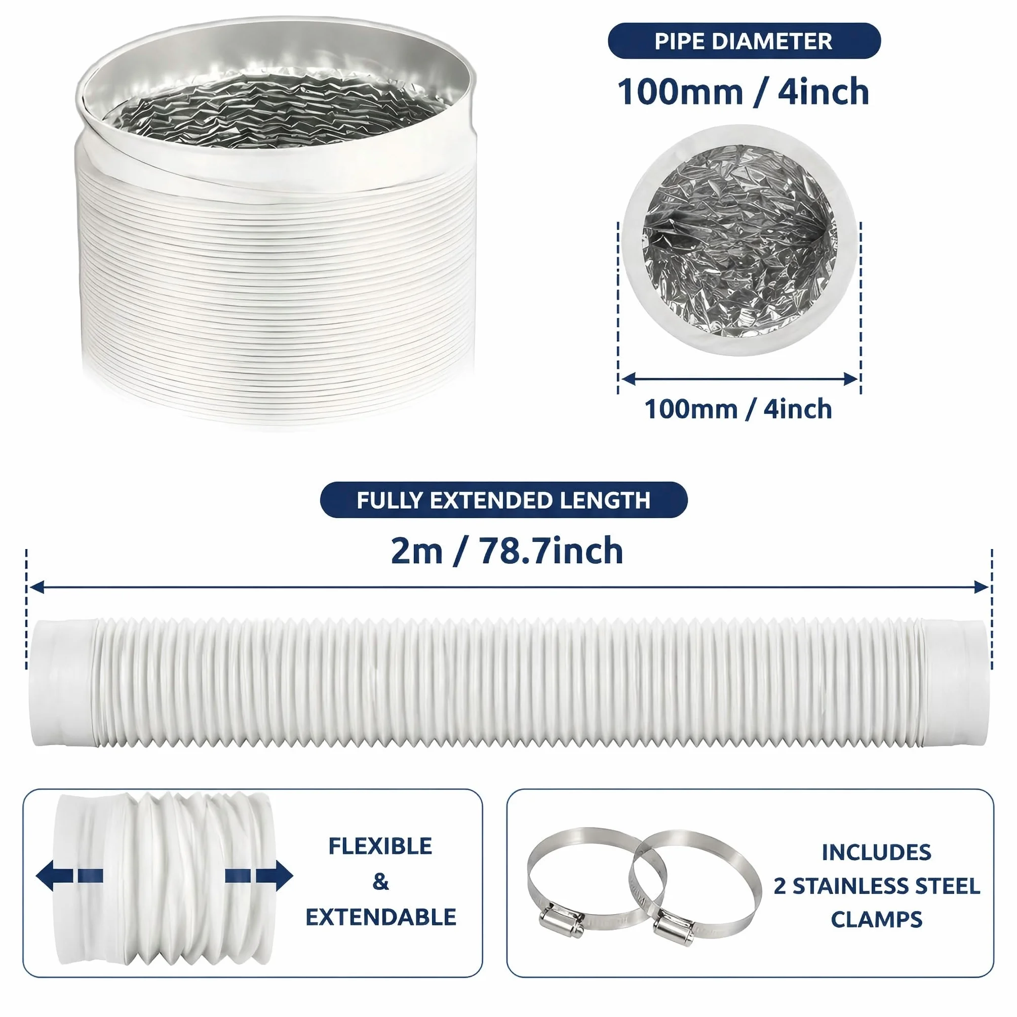 Wąż wentylacyjny aluminiowy elastyczny 2 m 100 mm do suszarki Home Vent