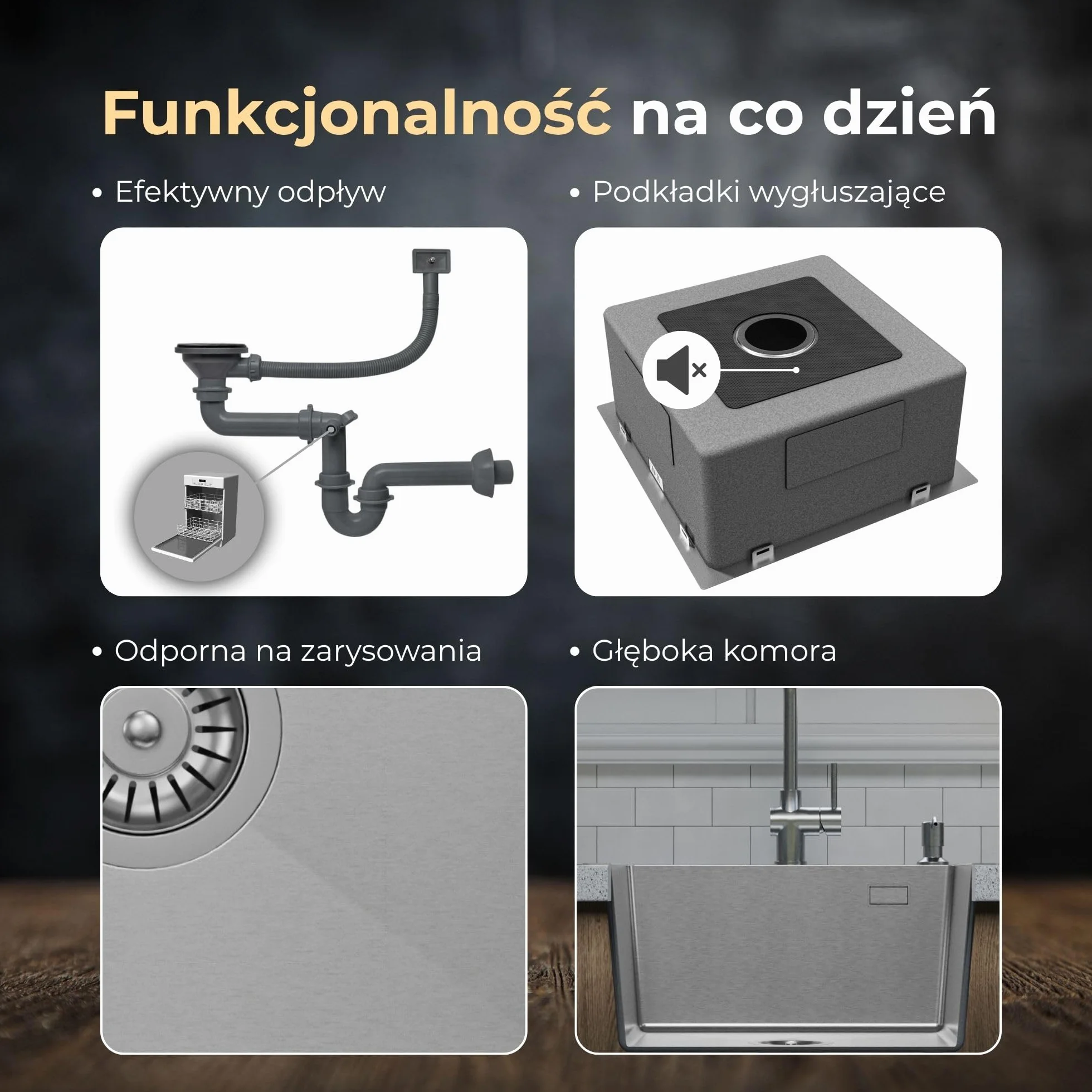 ANW HOME Zlewozmywak kuchenny 60x50 cm stal nierdzewna 304 2 otwory na kran z syfonem ociekaczem dozownikiem mydła 350 ml