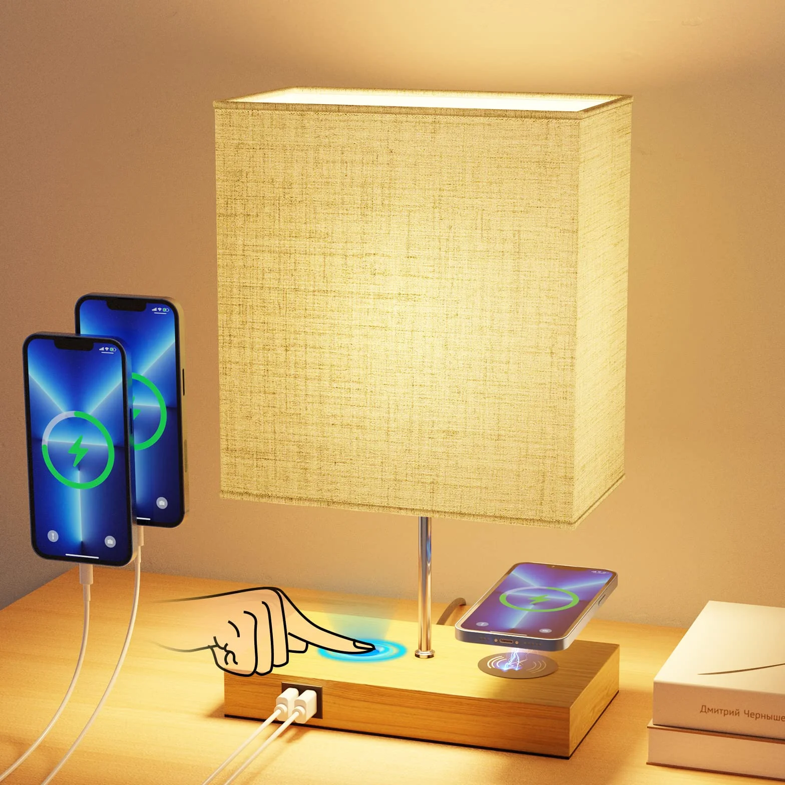 GLUROO Lampa stołowa sterowana dotykiem z ładowaniem bezprzewodowym, lampki nocne z możliwością przyciemniania w 3 kierunkach, 2 porty ładowania USB