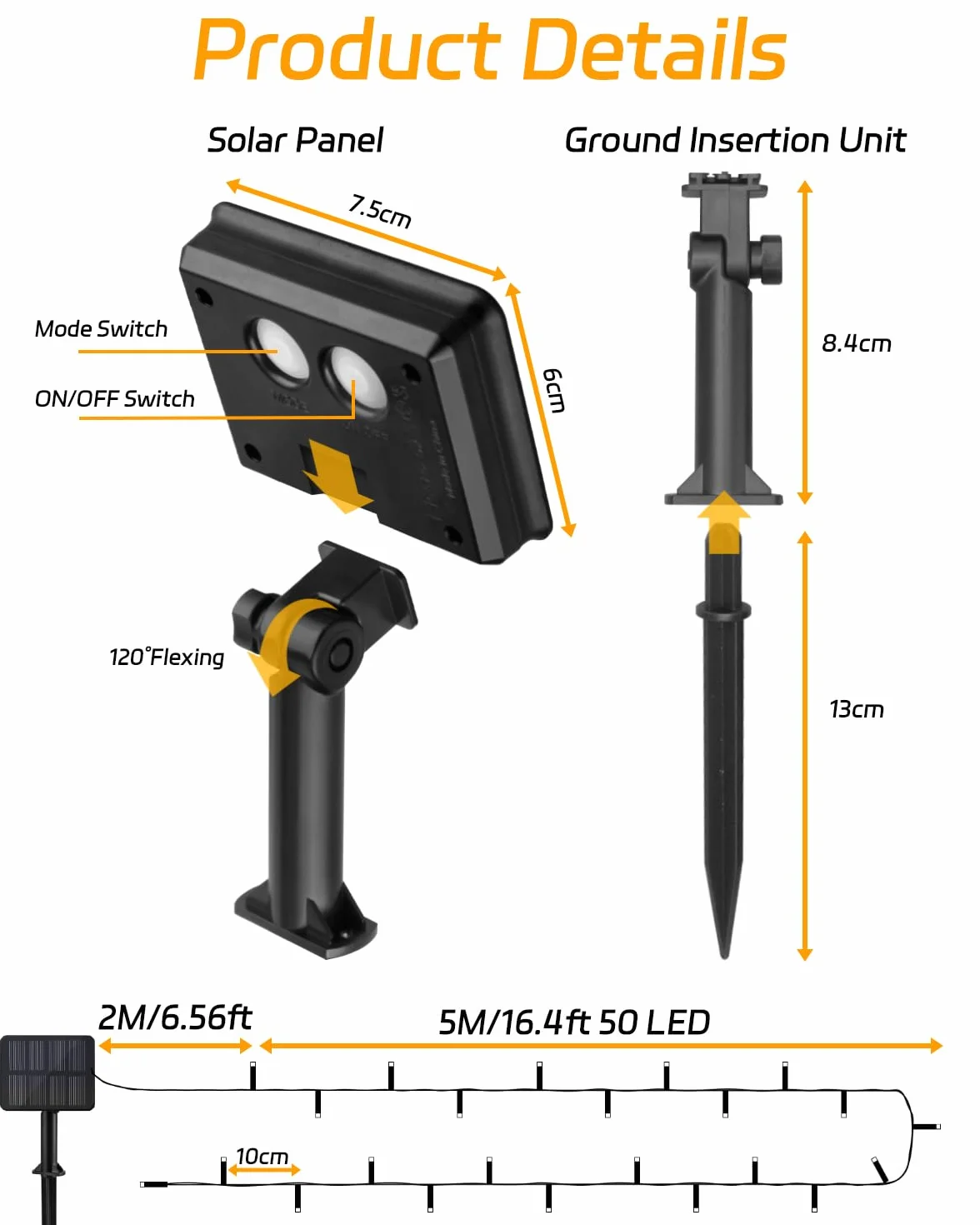 Dalugo Solarny łańcuch świetlny do użytku na zewnątrz 5 m, 50 diod LED, ciepła biel, 8 trybów pracy, IP65, wodoszczelny, solarny łańcuch świetlny na zewnątrz, odporny na warunki atmosferyczne, do