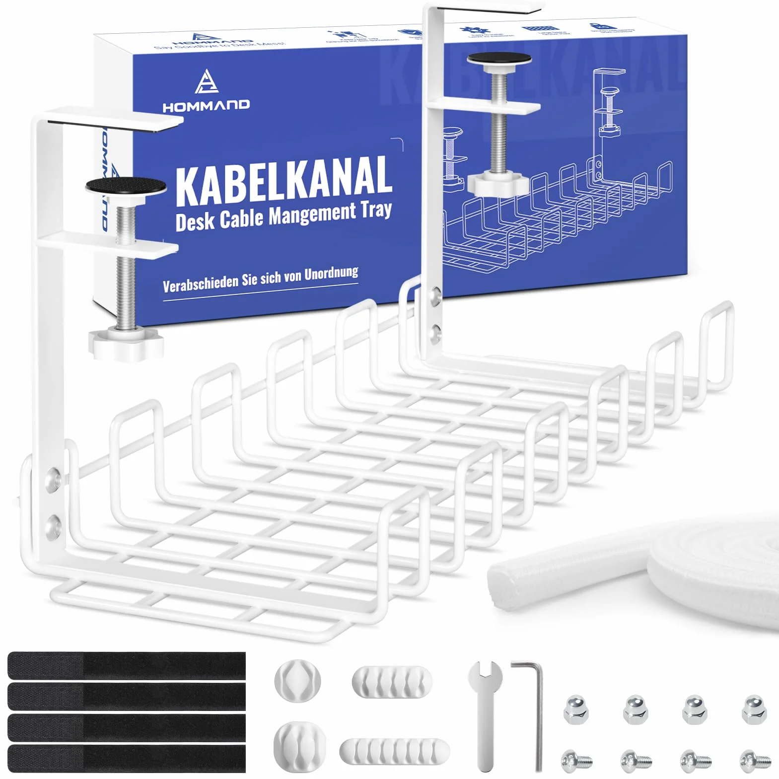 HOMMAND Kanał Kablowy na Biurko, Taca do Zarządzania Kablami pod Biurkiem, Stalowe Organizery Kabli Biurkowych, Organizer Kabli pod Biurko do Zarządzania Kablami i Listwami Zasilającymi, Biały