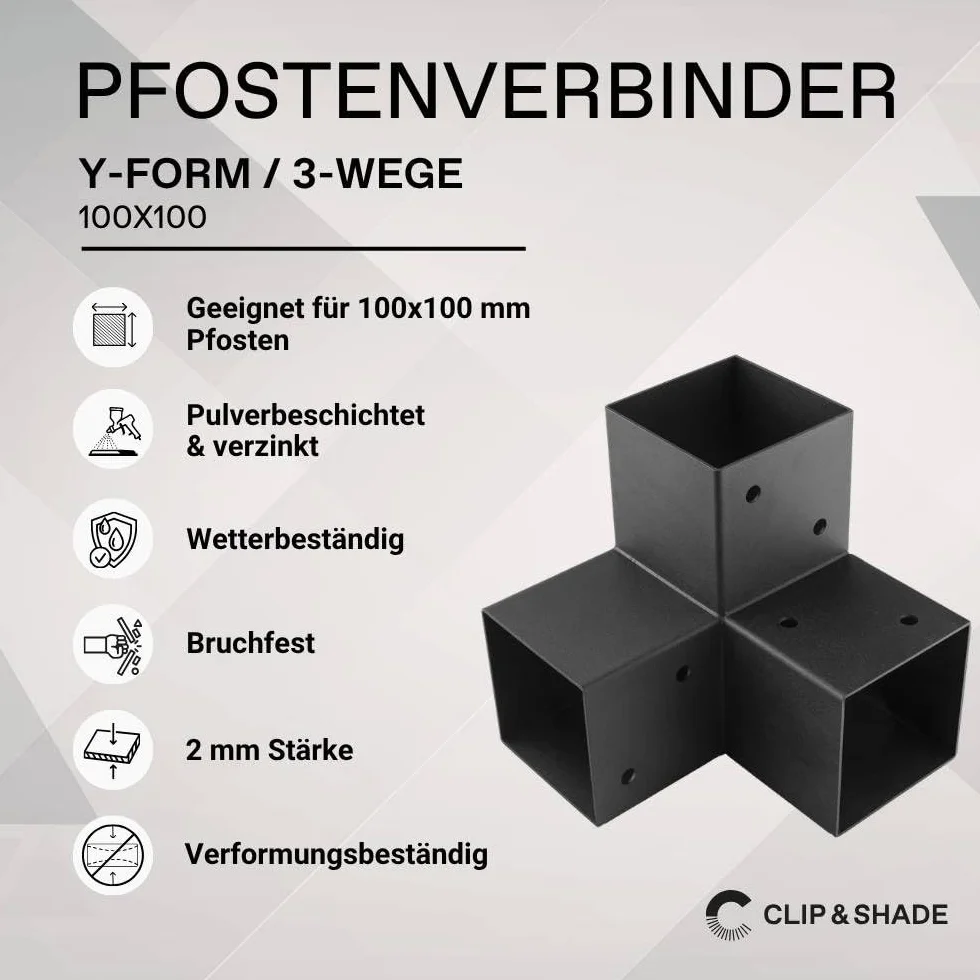 CLIP'N'SHADE Wspornik słupka 100 x 100 cm, łączniki narożne 3-drożne, buty belek 10 x 10 cm, ocynkowane malowane proszkowo do pergoli
