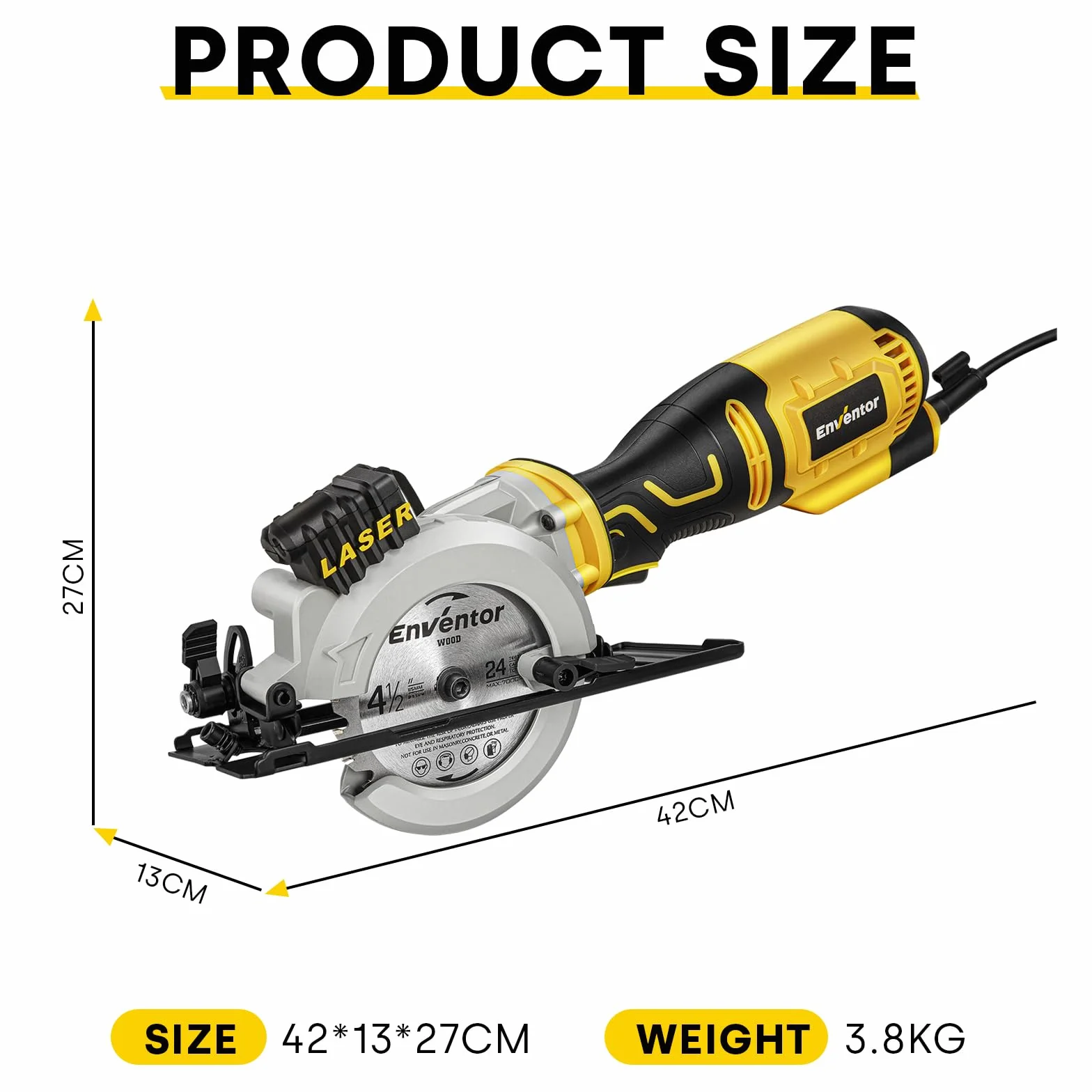 Mini pilarka tarczowa ENVENTOR 705W 3500 RPM prowadnica laserowa 6 ostrzy Ø115 mm cięcie 42.8 mm/90º 28 mm/45º