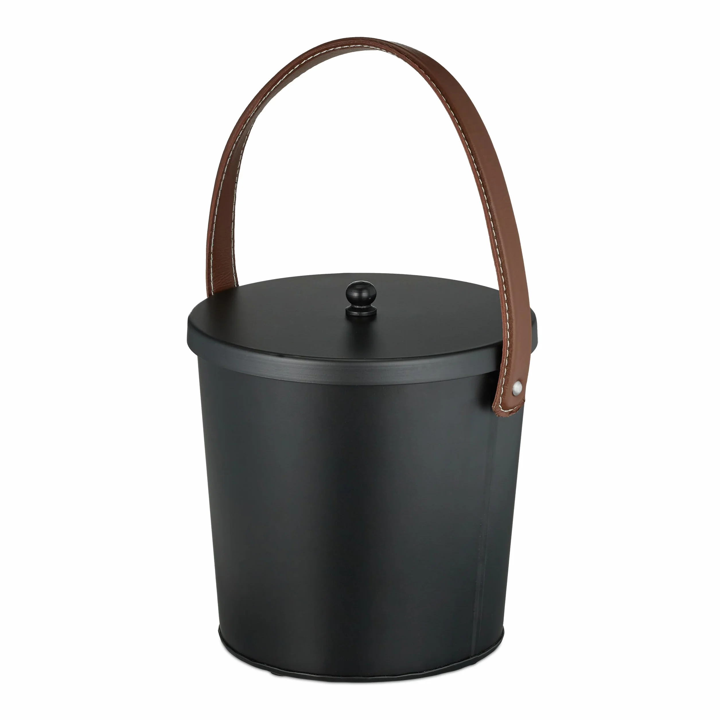 Relaxdays Kosz na popiół 4,5 l z pokrywką, skórzany uchwyt, czarny/brązowy