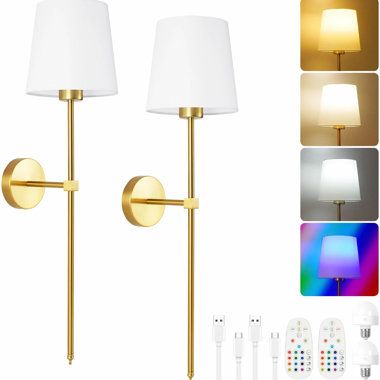 Kinkiet RGB HOTUT 2 sztuki ściemniana lampa ścienna bateryjna bezprzewodowa z pilotem złota