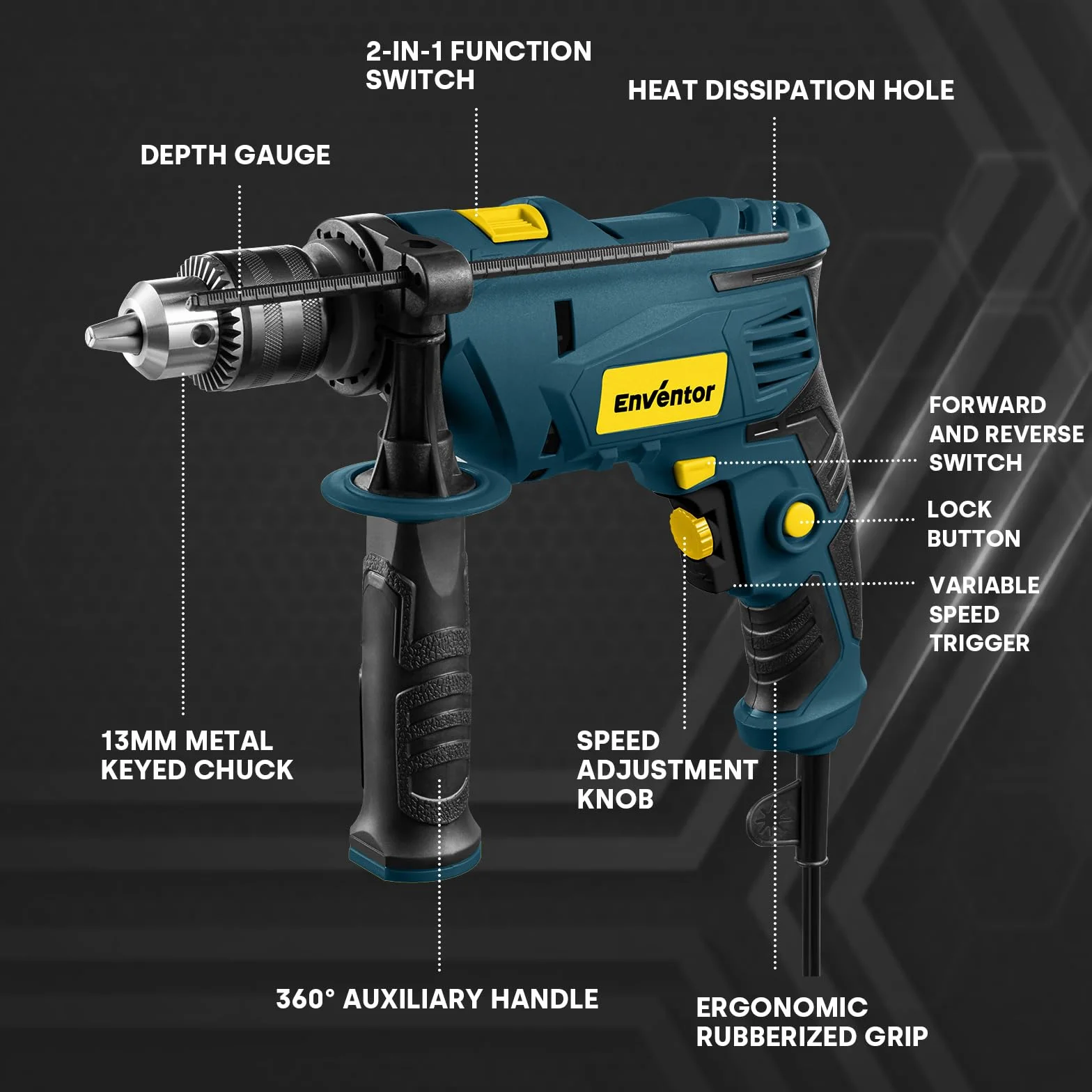 ENVENTOR Wiertarka udarowa 900 W, elektryczna wiertarka z 36 akcesoriami, 0-3000 obr./min, uchwyt 13 mm, do betonu, metalu i drewna