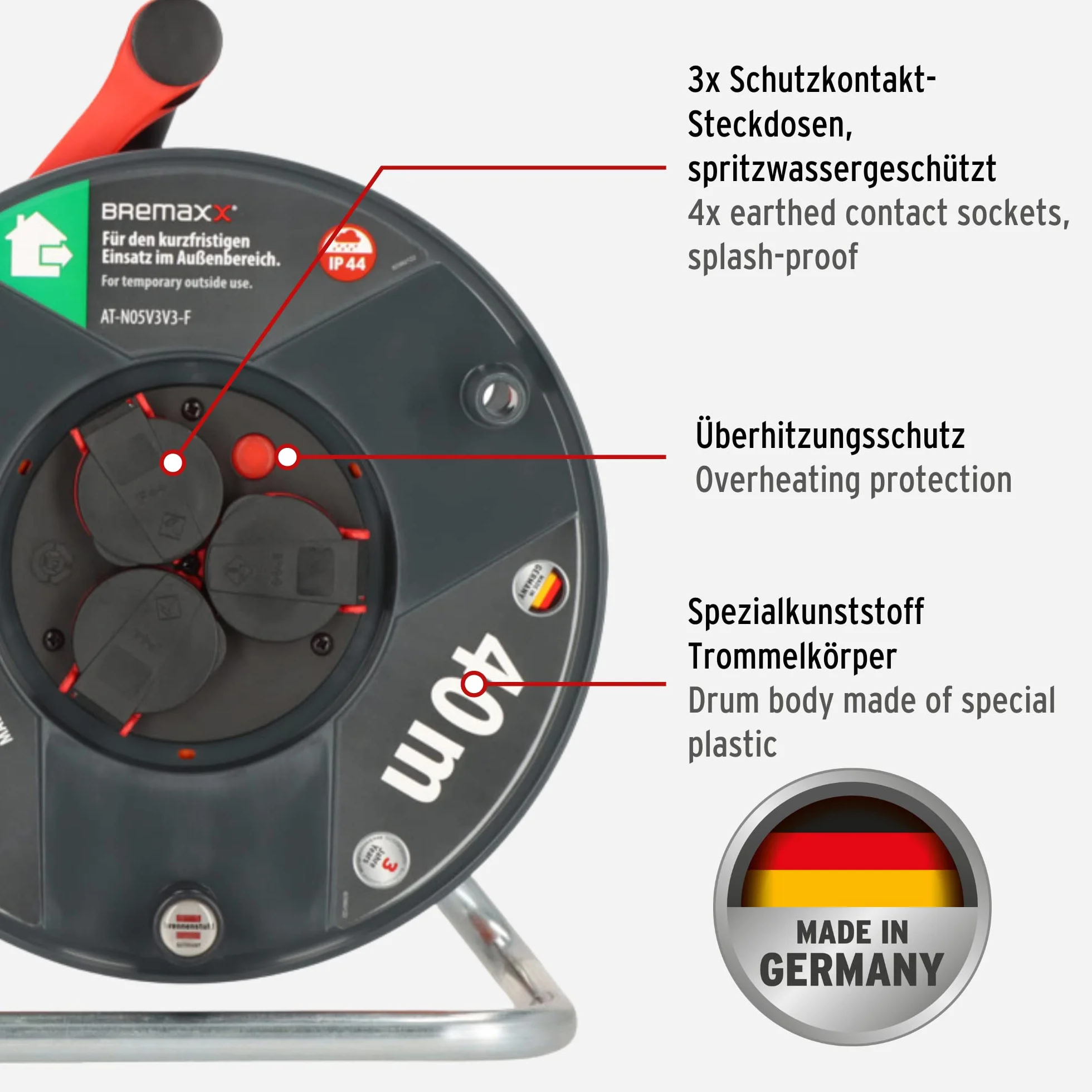 Brennenstuhl Garant V2 bęben kablowy IP44, 40 m, do użytku na zewnątrz (Made in Germany, kabel w kolorze pomarańczowym, krótkotrwałe zastosowanie na zewnątrz)