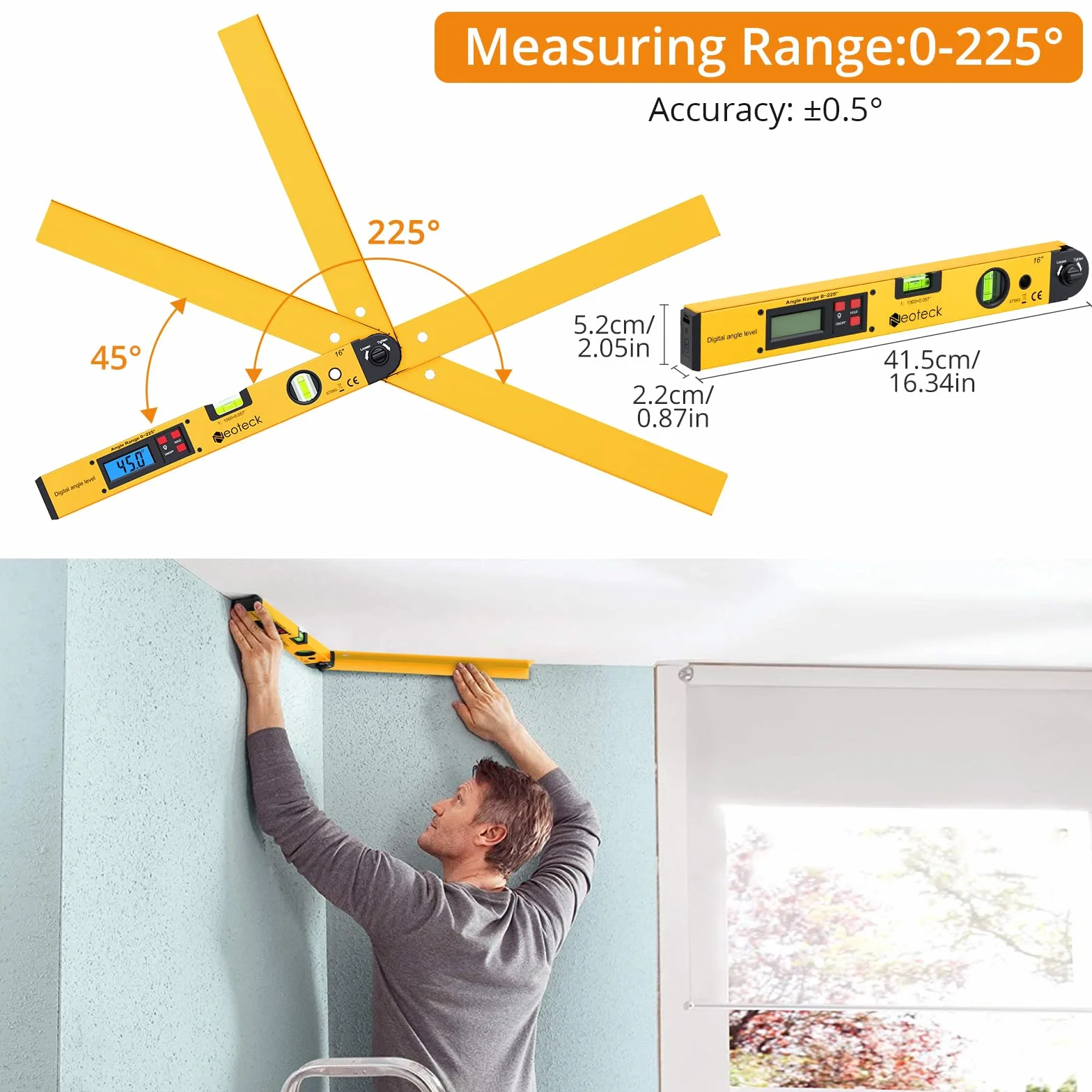 Neoteck Cyfrowy kątomierz 400 mm LCD 0-225° z poziomicą, złoty