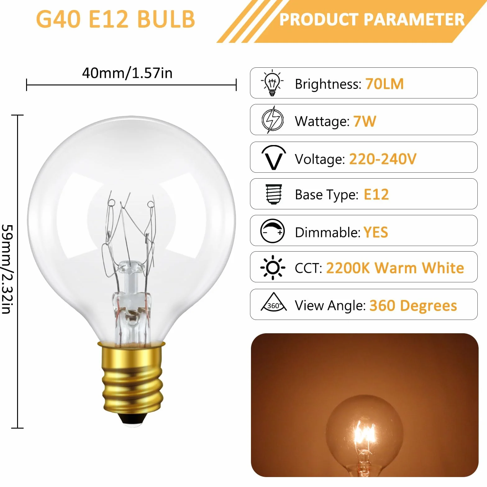 Żarówki Zamienne G40 Globe Clear E12 7W Ciepła Biel 2200K IP44 220-240V