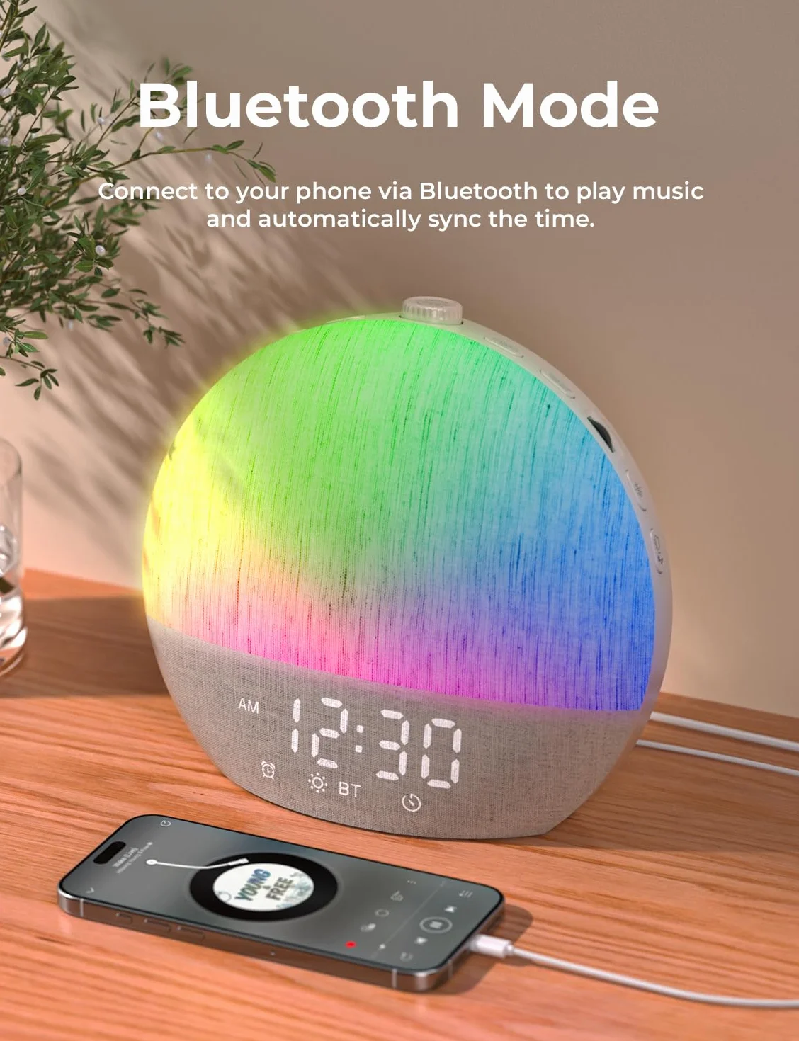 LIORQUE Budzik świetlny z symulacją wschodu słońca, biały hałas, 30 dźwięków do snu, regulowany wyłącznik czasowy, Bluetooth
