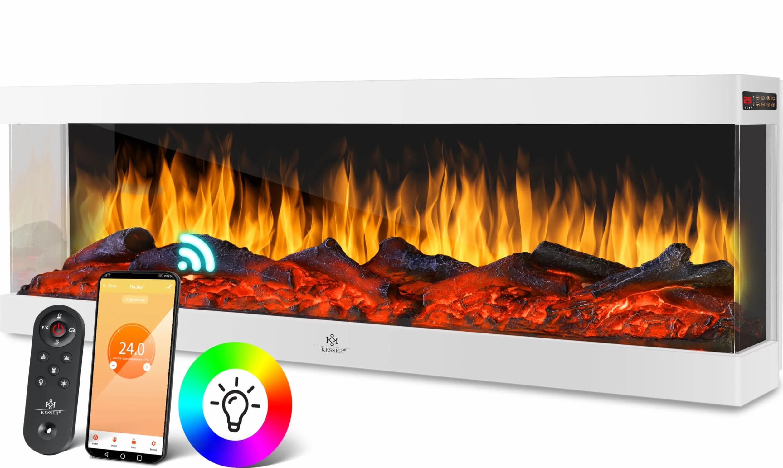 KESSER Kominek elektryczny 3D ścienny 900/1800 W 9 trybów LED efekt płomienia z ogrzewaniem