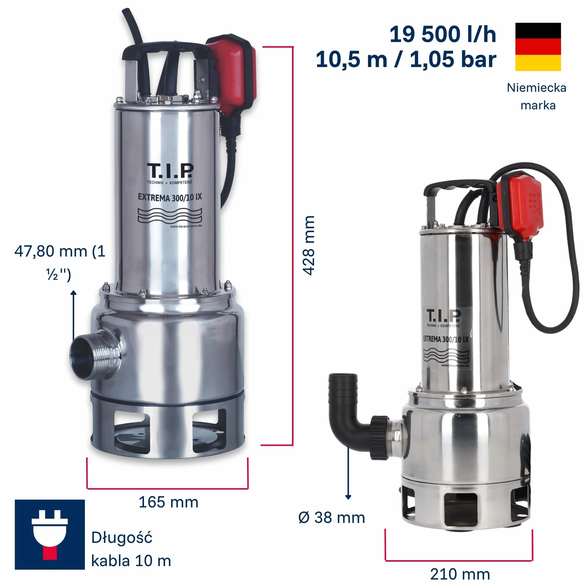 T.I.P. Extrema 300/10 IX Pompa Zanurzeniowa do Brudnej Wody Stal Nierdzewna 1200W 19500l/h 10,5m 40mm 95°C